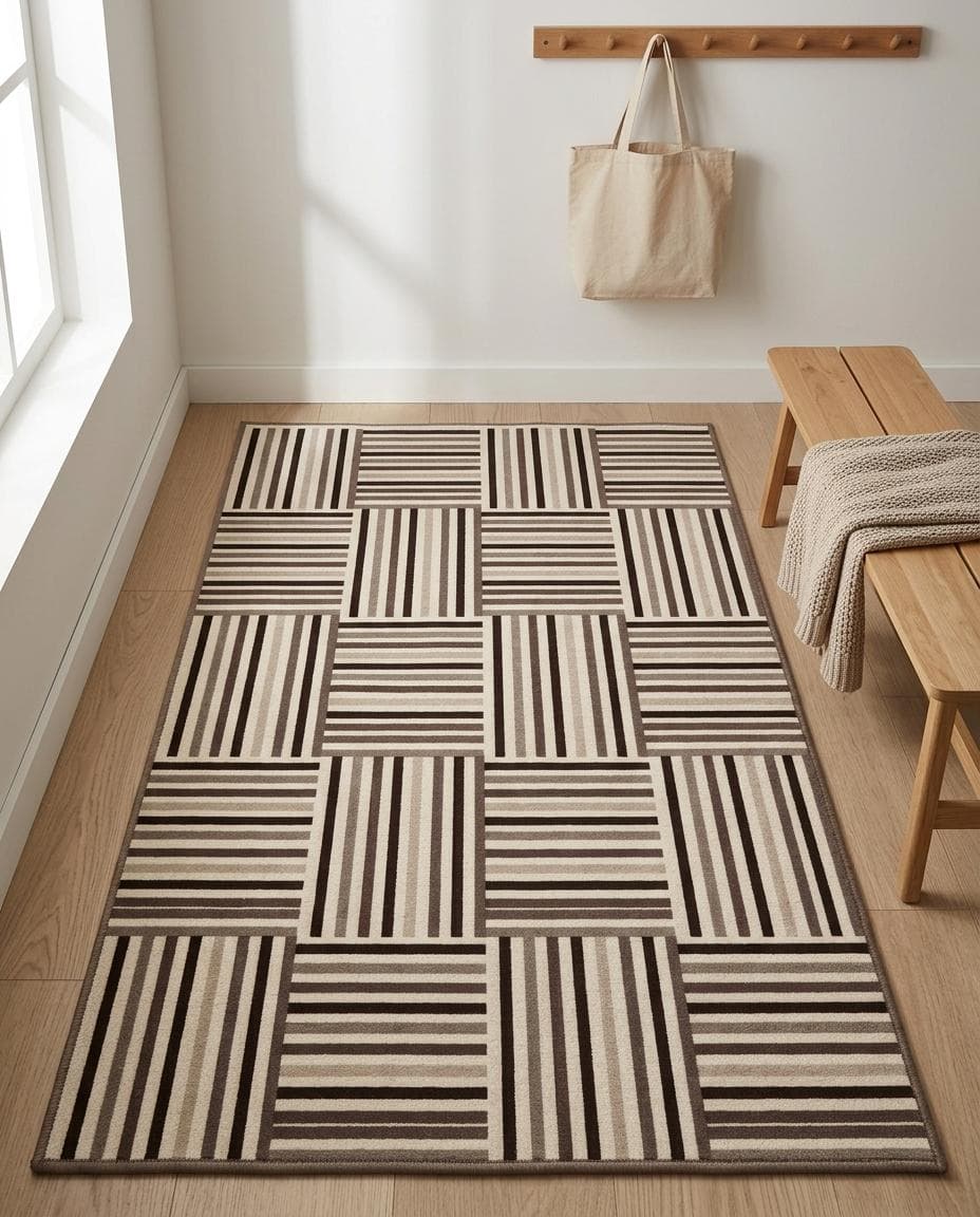 Alternating Striped Grid Pattern area rug with brown, beige, cream, taupe design, modern minima. Alternating Striped Grid Pattern area rug mit brown, beige, cream, taupe Design, modern minimal. Area Rug alternating striped grid pattern au design brown, beige, cream, taupe, décor modern mi. Area Rug alternating striped grid pattern con diseño brown, beige, cream, taupe, decoración mod. Area Rug alternating striped grid pattern con design brown, beige, cream, taupe, arredo modern.