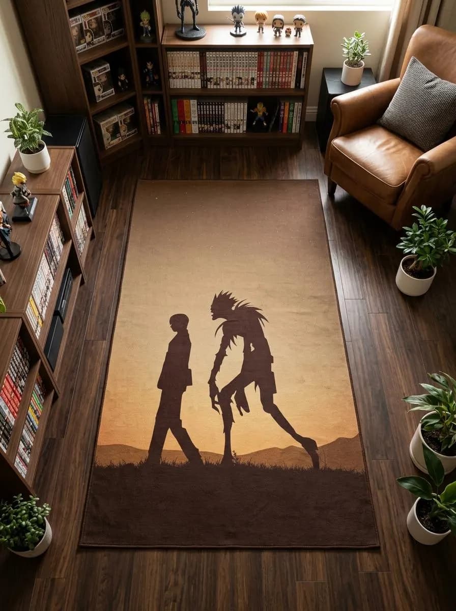 Alfombra de anime, alfombra de Death Note, Ryuk Shinigami, arte de Light Yagami, decoración otaku para el hogar, tapete de manga, alfombra para sala de juegos, anime estético, alfombra minimalista, decoración japonesa, ideas de regalos de anime, alfombra de fantasía oscura, silueta de puesta de sol