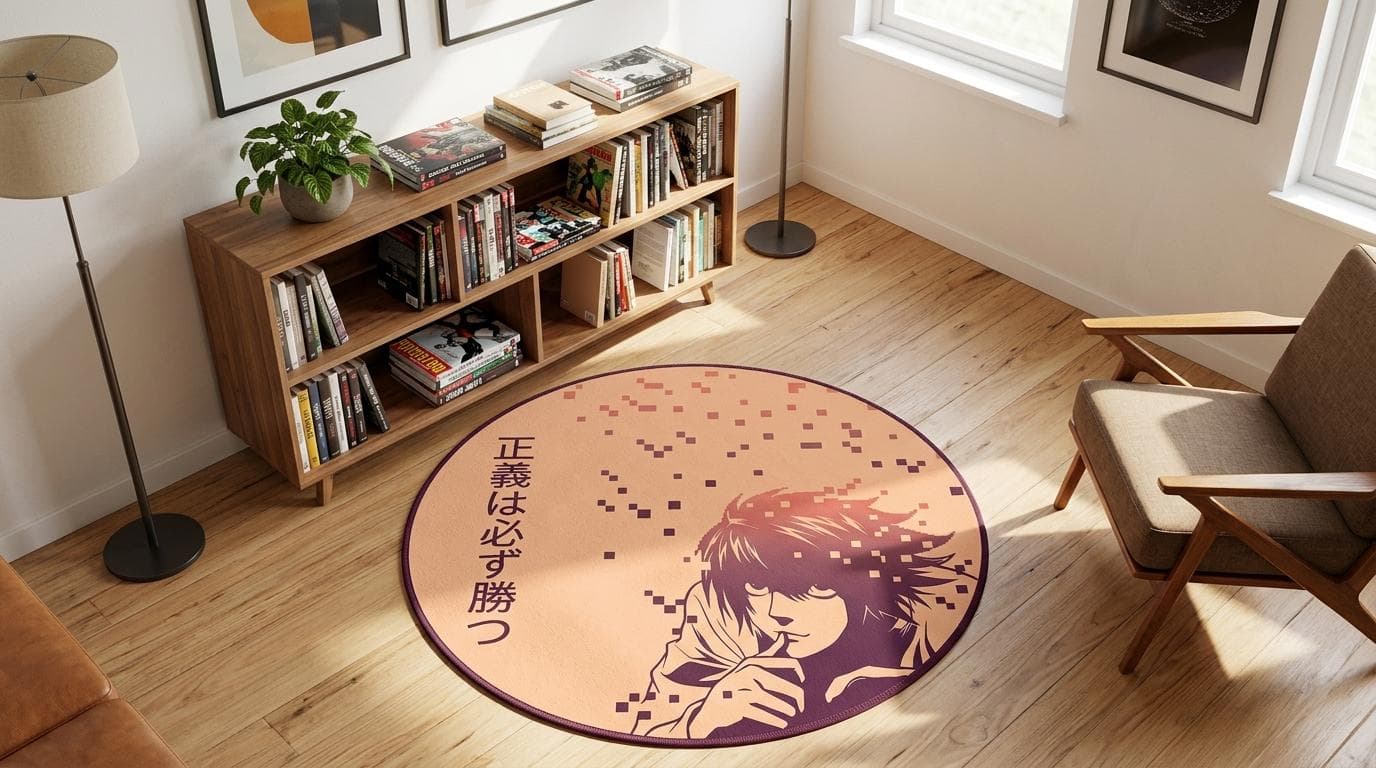 Runder Anime-Teppich, Death Note-Teppich, japanischer Manga, Gaming-Zimmer-Teppich, Otaku-Fußmatte, Pixel-Art-Teppich, ästhetischer Teppich, minimalistischer Anime-Teppich, Teppich mit Gerechtigkeitszitat, Manga-Schlafzimmer, runder Teppich, Studentenwohnheim-Deko, Geschenk für Otakus