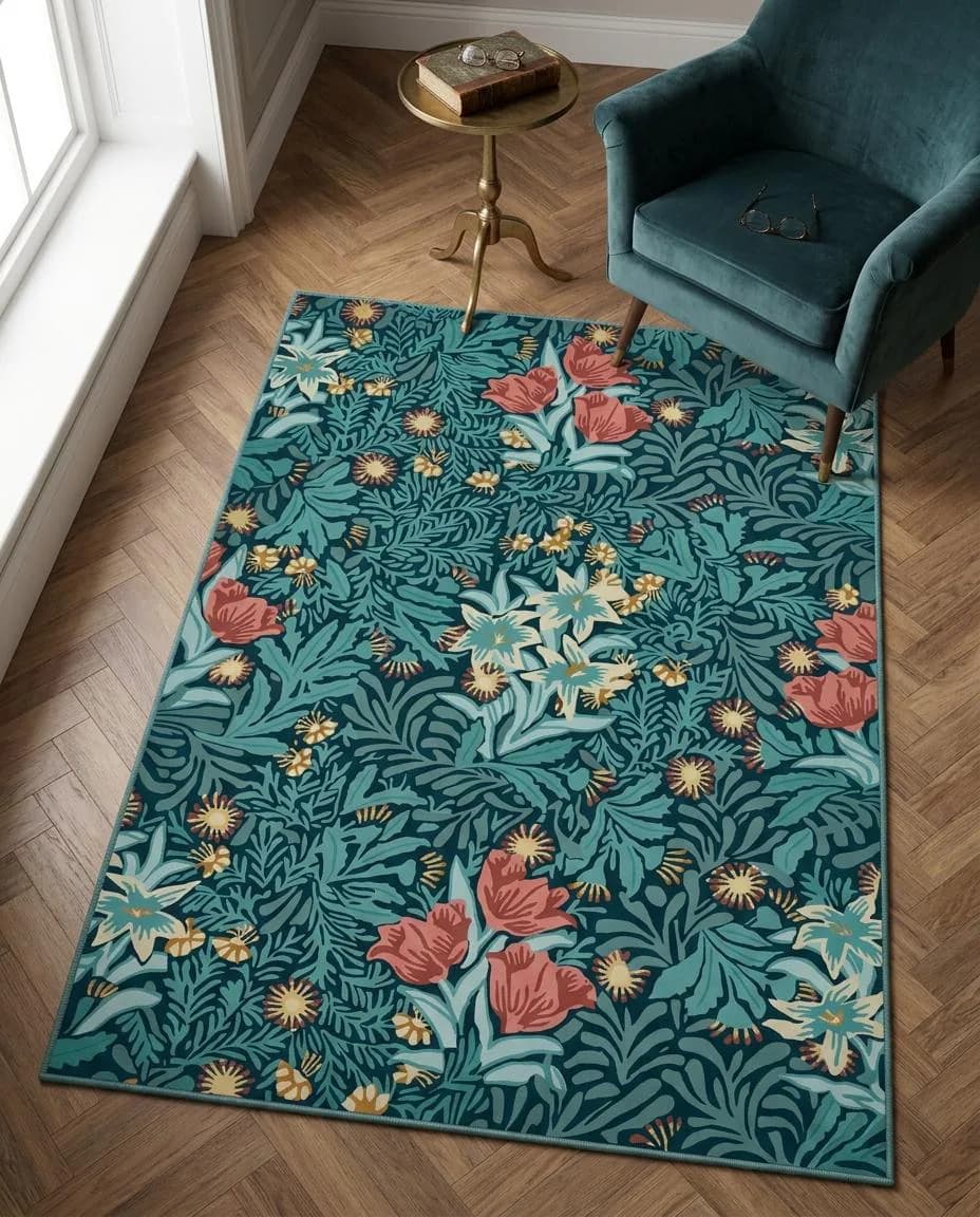 Botanical Wildflowers area rug with teal, salmon pink, sage green, mustard yellow design, arts. Botanical Wildflowers area rug mit teal, salmon pink, sage green, mustard yellow Design, arts a. Area Rug botanical wildflowers au design teal, salmon pink, sage green, mustard yellow, décor a. Area Rug botanical wildflowers con diseño teal, salmon pink, sage green, mustard yellow, decora. Area Rug botanical wildflowers con design teal, salmon pink, sage green, mustard yellow, arredo.