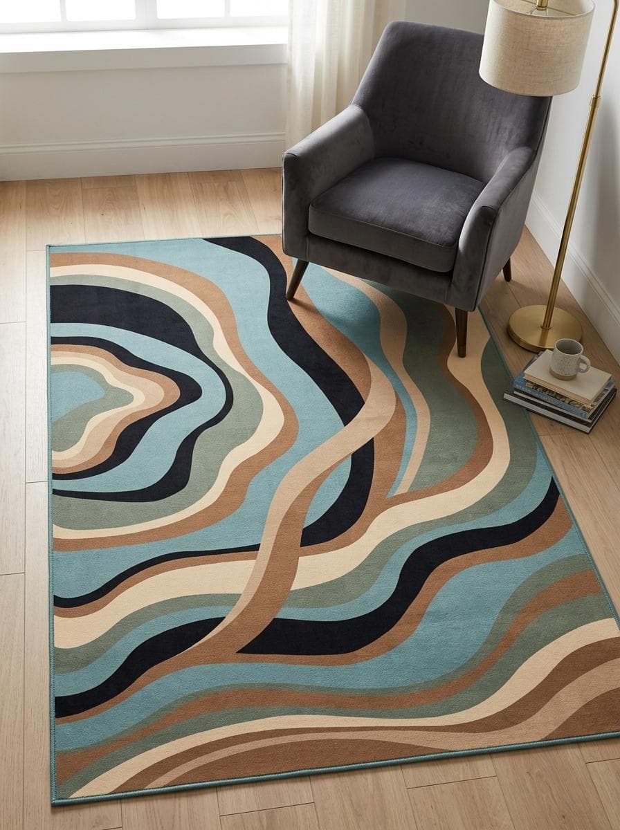 Curving Organic Lines area rug with teal, beige, brown, black, sage green design, mid-century m. Curving Organic Lines area rug mit teal, beige, brown, black, sage green Design, mid-century mo. Area Rug curving organic lines au design teal, beige, brown, black, sage green, décor mid-centu. Area Rug curving organic lines con diseño teal, beige, brown, black, sage green, decoración mid. Area Rug curving organic lines con design teal, beige, brown, black, sage green, arredo mid-cen.
