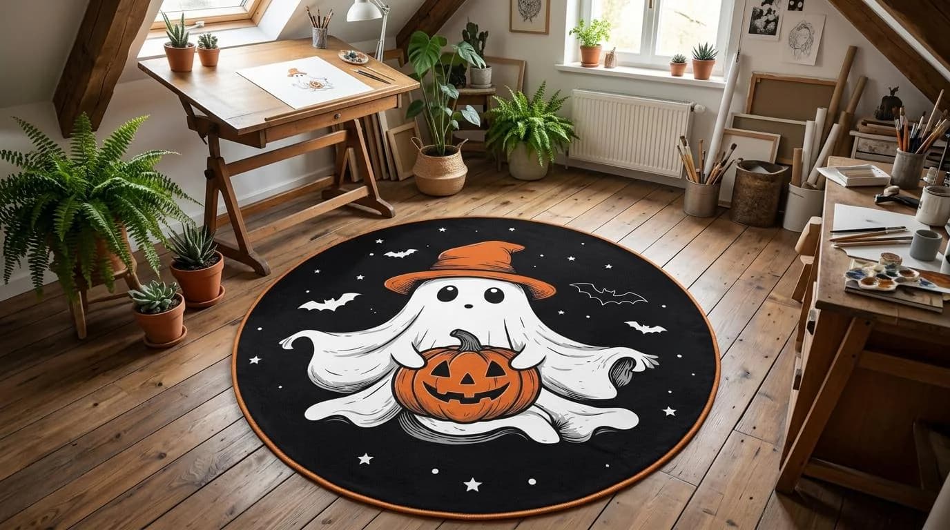 Alfombra redonda de Halloween, linda decoración de fantasmas, alfombra de calabaza, alfombra de Halloween para niños, habitación infantil espeluznante, alfombra de sombrero de bruja, alfombra redonda de fantasmas, alfombra de calabaza de Halloween, decoración de otoño para el hogar, Halloween kawaii, alfombra para habitación infantil, alfombra circular, alfombra de otoño