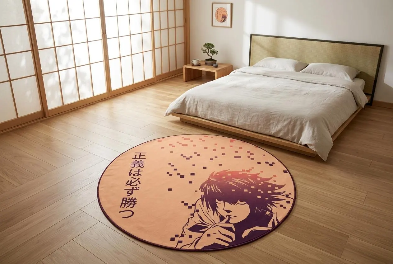 Tapis rond inspiré des animés, tapis Death Note, manga japonais, tapis pour salle de jeux vidéo, tapis de sol otaku, tapis pixel art, tapis esthétique, animé minimaliste, tapis avec citation sur la justice, chambre manga, tapis rond, décoration de chambre d'étudiant, cadeau pour otaku