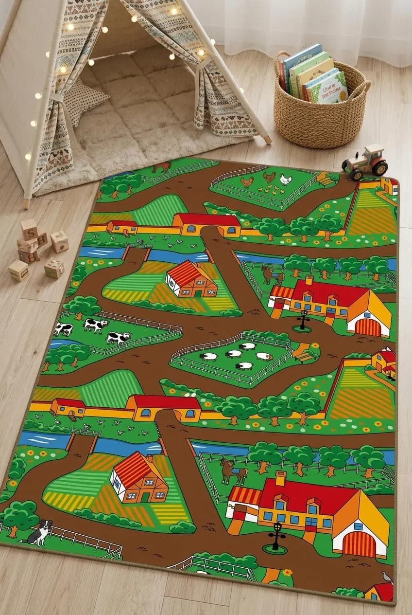 Bauernhof-Spielteppich für Kinder, Spielmatte fürs Kinderzimmer, Tierspielteppich, Bauernhof-Deko, Spielmatte für Kleinkinder, Teppich mit Bauernhofmotiv, Spielzimmerteppich, Dorfweg-Teppich, Kinderzimmerteppich, Lernteppich, Landhausteppich, Geschenk zum Thema Bauernhof, Kinderteppich