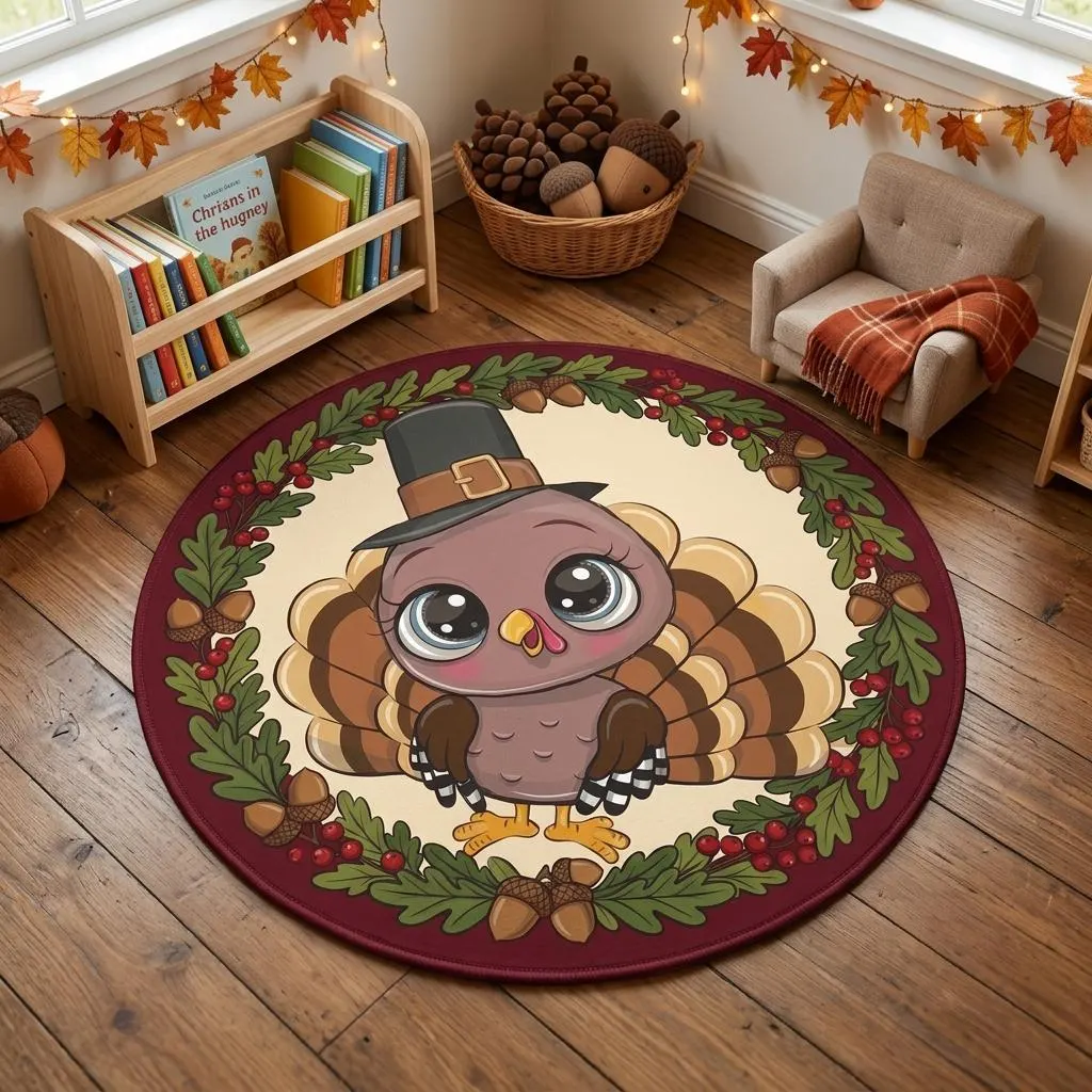 Runder Teppich, Thanksgiving-Deko, Truthahn-Teppich, Herbstteppich, Herbst-Fußmatte, niedliche Truthahn-Fußmatte, Erntedeko, Kinderzimmerteppich, Festtagsteppich, kreisförmiger Teppich, Pilger-Truthahn, Herbstkranz-Teppich, Kinderzimmerteppich