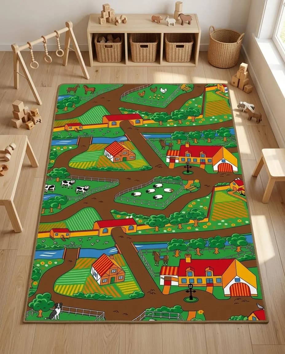 Farm Map Play Mat, Animals, Houses, Kids Playroom Rug, Toddler Decor