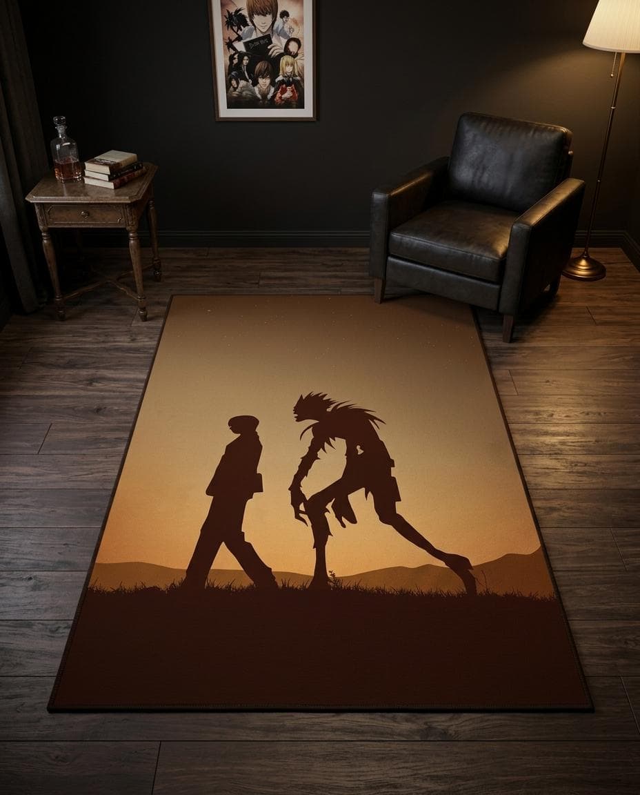 Anime-Teppich, Death-Note-Teppich, Ryuk-Shinigami, Light-Yagami-Kunst, Otaku-Wohndeko, Manga-Fußmatte, Spielzimmerteppich, ästhetischer Anime, minimalistischer Teppich, japanische Deko, Anime-Geschenkideen, Dark-Fantasy-Teppich, Sonnenuntergangssilhouette