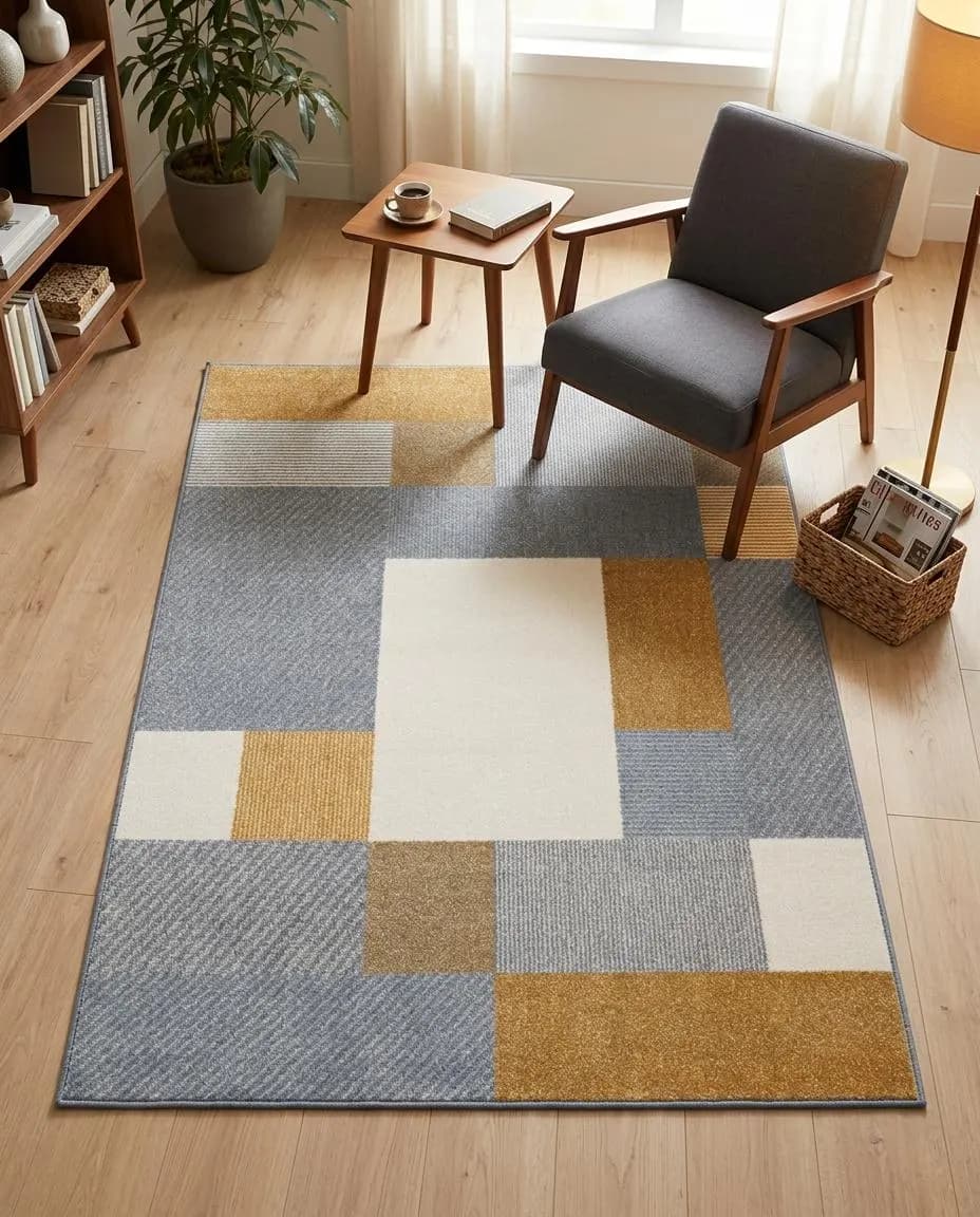 Abstract Geometric Shapes area rug with grey, mustard yellow, cream, beige design, mid-century. Abstract Geometric Shapes area rug mit grey, mustard yellow, cream, beige Design, mid-century m. Area Rug abstract geometric shapes au design grey, mustard yellow, cream, beige, décor mid-cent. Area Rug abstract geometric shapes con diseño grey, mustard yellow, cream, beige, decoración mi. Area Rug abstract geometric shapes con design grey, mustard yellow, cream, beige, arredo mid-ce.