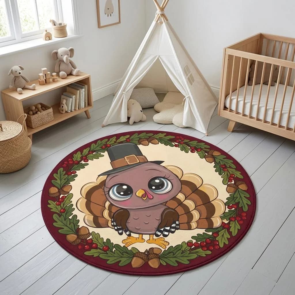 Cartoon Turkey In Pilgrim Hat round rug with brown, beige, olive green, deep red, tan design, c. Cartoon Turkey In Pilgrim Hat round rug mit brown, beige, olive green, deep red, tan Design, cu. Round Rug cartoon turkey in pilgrim hat au design brown, beige, olive green, deep red, tan, déc. Round Rug cartoon turkey in pilgrim hat con diseño brown, beige, olive green, deep red, tan, de. Round Rug cartoon turkey in pilgrim hat con design brown, beige, olive green, deep red, tan, ar.