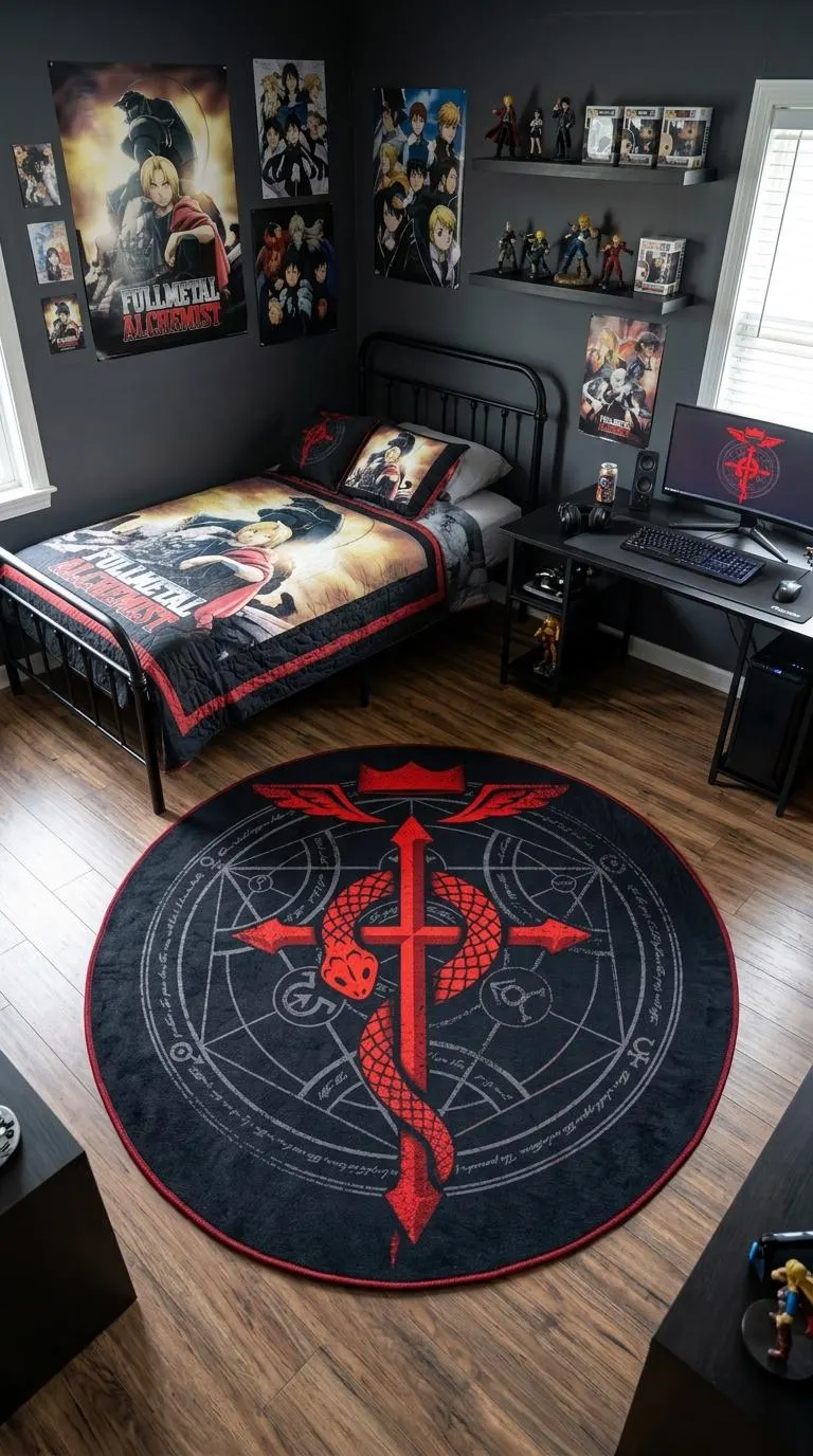 Flamel Cross round rug with red, black, dark grey design, dark gothic anime decor for anime fan. Flamel Cross round rug mit red, black, dark grey Design, dark gothic anime Deko für anime fans. Round Rug flamel cross au design red, black, dark grey, décor dark gothic anime pour anime fans. Round Rug flamel cross con diseño red, black, dark grey, decoración dark gothic anime para anim. Round Rug flamel cross con design red, black, dark grey, arredo dark gothic anime per anime fan.