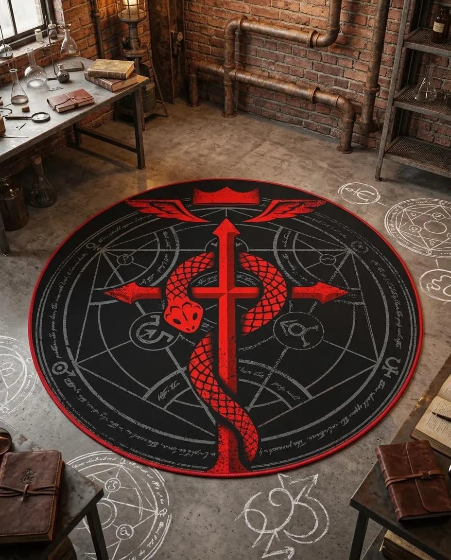 Flamel Cross round rug with red, black, dark grey design, dark gothic anime decor for anime fan. Flamel Cross round rug mit red, black, dark grey Design, dark gothic anime Deko für anime fans. Round Rug flamel cross au design red, black, dark grey, décor dark gothic anime pour anime fans. Round Rug flamel cross con diseño red, black, dark grey, decoración dark gothic anime para anim. Round Rug flamel cross con design red, black, dark grey, arredo dark gothic anime per anime fan.