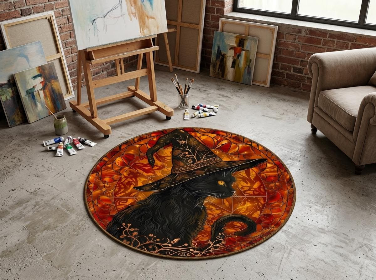 Black Cat Wearing A Witch Hat round rug with amber, orange, black, burnt sienna, gold design, a. Black Cat Wearing A Witch Hat round rug mit amber, orange, black, burnt sienna, gold Design, ar. Round Rug black cat wearing a witch hat au design amber, orange, black, burnt sienna, gold, déc. Round Rug black cat wearing a witch hat con diseño amber, orange, black, burnt sienna, gold, de. Round Rug black cat wearing a witch hat con design amber, orange, black, burnt sienna, gold, ar.