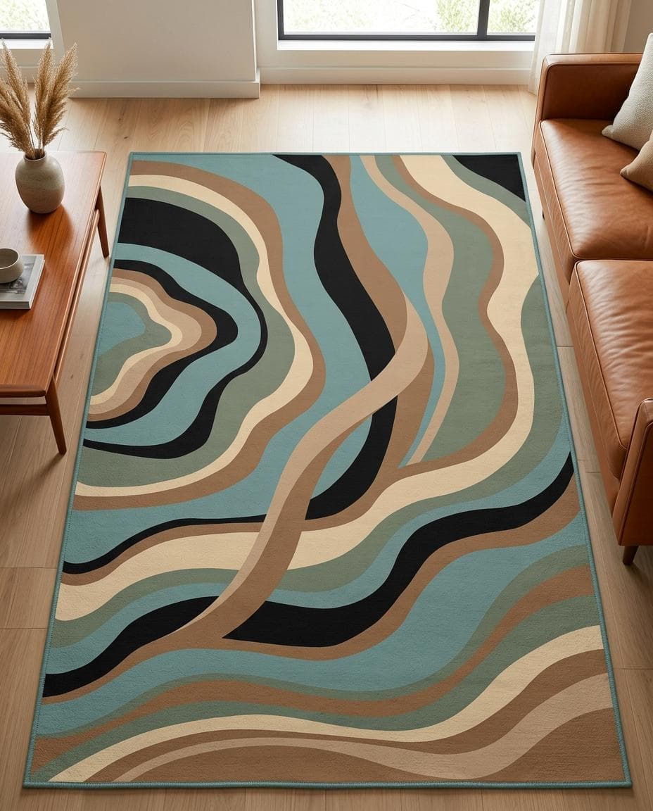 Curving Organic Lines area rug with teal, beige, brown, black, sage green design, mid-century m. Curving Organic Lines area rug mit teal, beige, brown, black, sage green Design, mid-century mo. Area Rug curving organic lines au design teal, beige, brown, black, sage green, décor mid-centu. Area Rug curving organic lines con diseño teal, beige, brown, black, sage green, decoración mid. Area Rug curving organic lines con design teal, beige, brown, black, sage green, arredo mid-cen.