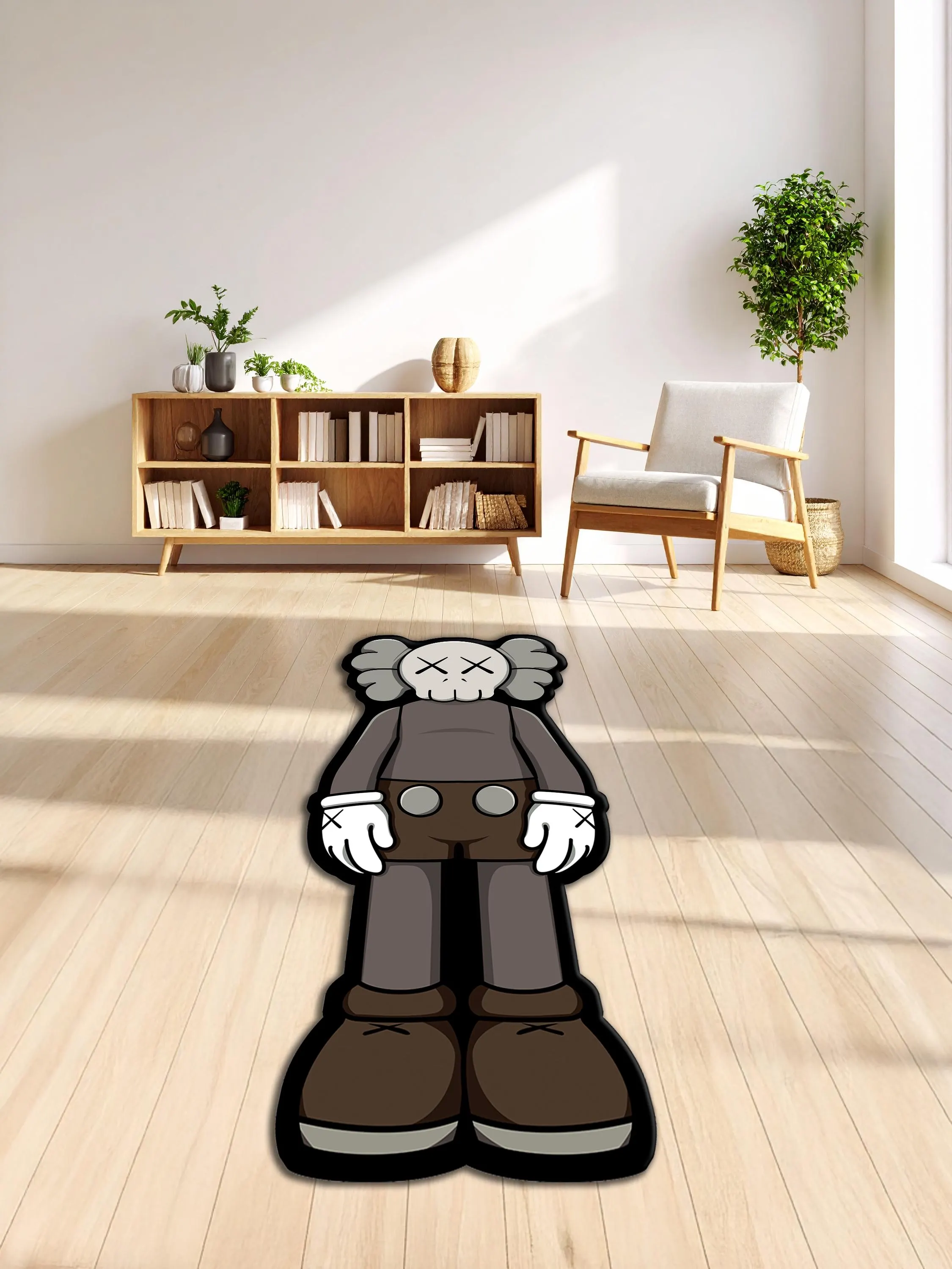 A cut-out shaped area rug depicting a grey cartoon character with crossed-out eyes and white gloves lying on a wooden floor, styling a modern urban art-themed room.