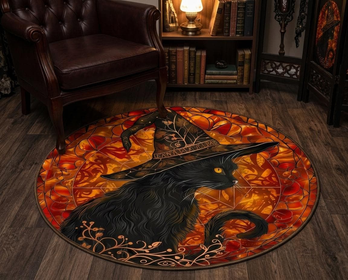 black cat rug, witchy decor, round area rug, halloween rug, gothic carpet, stained glass art, occult home, wiccan rug, mystical cat, spooky decor, autumn rug, bohemian mat, dark academia