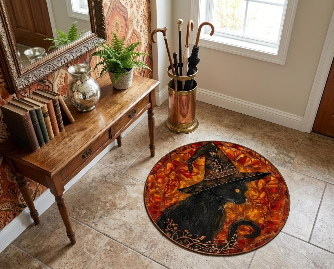 Black Cat Witch Hat Round Rug, Stained Glass Gothic Halloween Mat