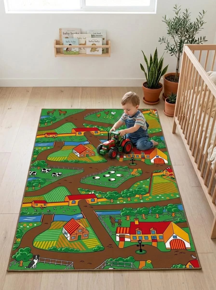 Farm Map Play Mat, Animals, Houses, Kids Playroom Rug, Toddler Decor - image 5