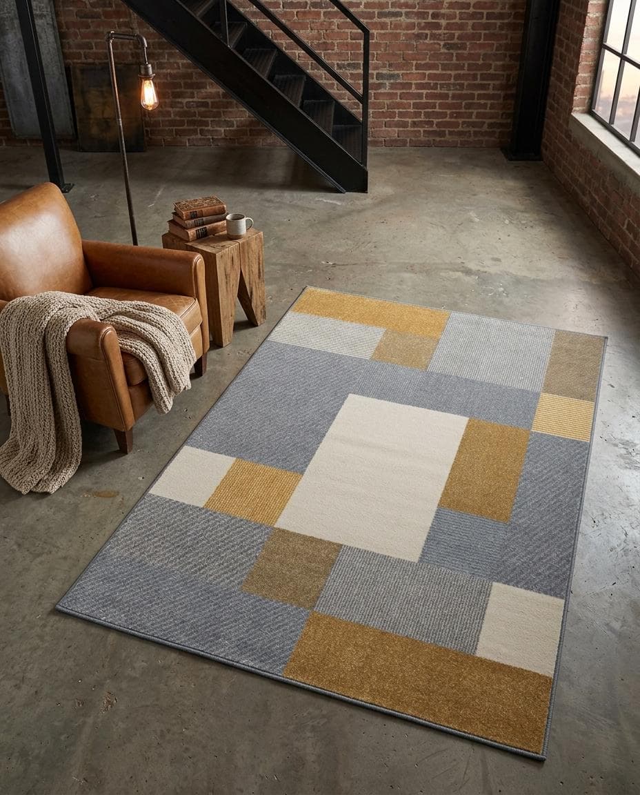 Abstract Geometric Shapes area rug with grey, mustard yellow, cream, beige design, mid-century. Abstract Geometric Shapes area rug mit grey, mustard yellow, cream, beige Design, mid-century m. Area Rug abstract geometric shapes au design grey, mustard yellow, cream, beige, décor mid-cent. Area Rug abstract geometric shapes con diseño grey, mustard yellow, cream, beige, decoración mi. Area Rug abstract geometric shapes con design grey, mustard yellow, cream, beige, arredo mid-ce.