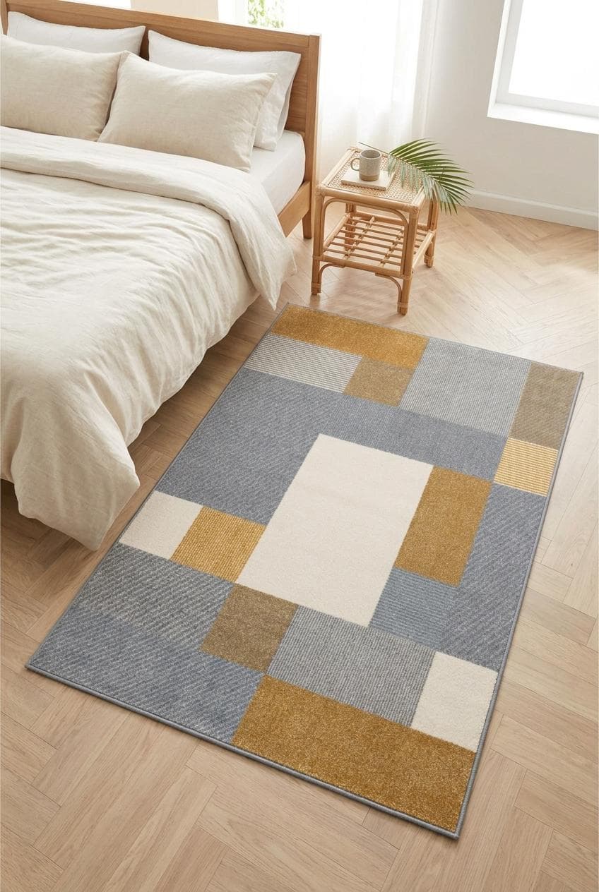 Abstract Geometric Shapes area rug with grey, mustard yellow, cream, beige design, mid-century. Abstract Geometric Shapes area rug mit grey, mustard yellow, cream, beige Design, mid-century m. Area Rug abstract geometric shapes au design grey, mustard yellow, cream, beige, décor mid-cent. Area Rug abstract geometric shapes con diseño grey, mustard yellow, cream, beige, decoración mi. Area Rug abstract geometric shapes con design grey, mustard yellow, cream, beige, arredo mid-ce.