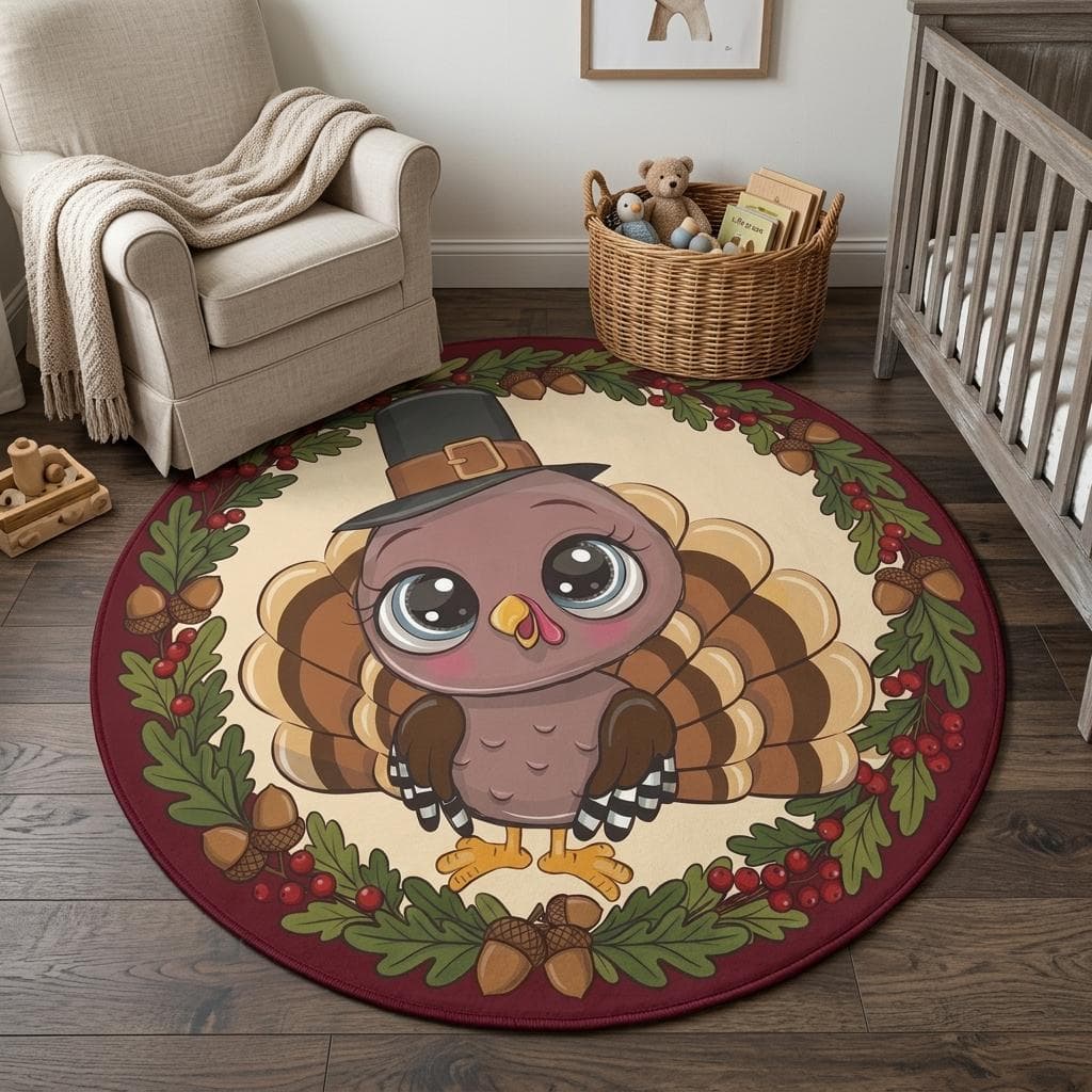 round rug, thanksgiving decor, turkey rug, autumn area rug, fall floor mat, cute turkey mat, harvest decor, nursery rug, holiday rug, circular rug, pilgrim turkey, fall wreath rug, kids room rug