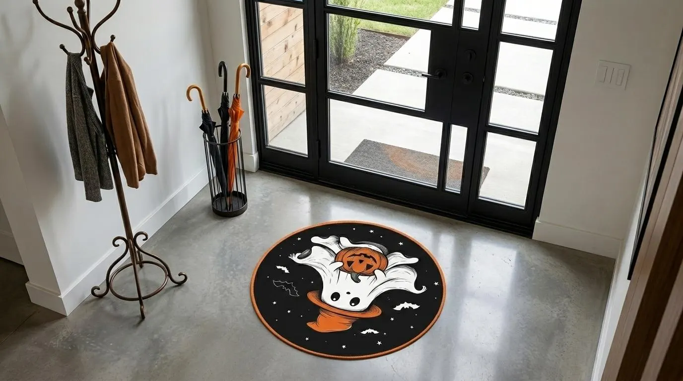 Halloween-Rundteppich, niedliche Geisterdeko, Kürbis-Fußmatte, Halloween-Kinderteppich, gruseliges Kinderzimmer, Hexenhut-Teppich, runder Geisterteppich, Kürbislaternen-Fußmatte, Herbstdeko, Kawaii-Halloween, Kinderzimmer-Fußmatte, runder Teppich, Herbstteppich
