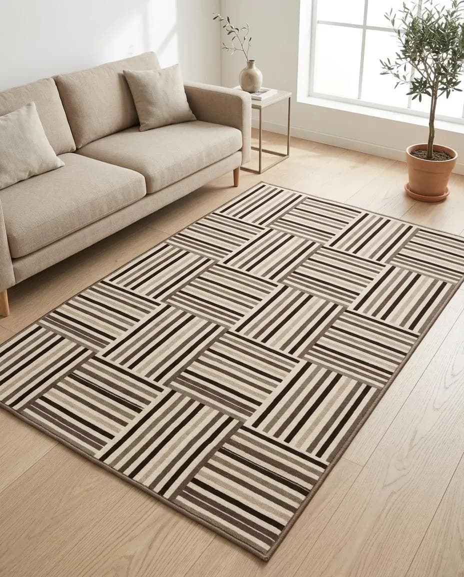 Alternating Striped Grid Pattern area rug with brown, beige, cream, taupe design, modern minima. Alternating Striped Grid Pattern area rug mit brown, beige, cream, taupe Design, modern minimal. Area Rug alternating striped grid pattern au design brown, beige, cream, taupe, décor modern mi. Area Rug alternating striped grid pattern con diseño brown, beige, cream, taupe, decoración mod. Area Rug alternating striped grid pattern con design brown, beige, cream, taupe, arredo modern.
