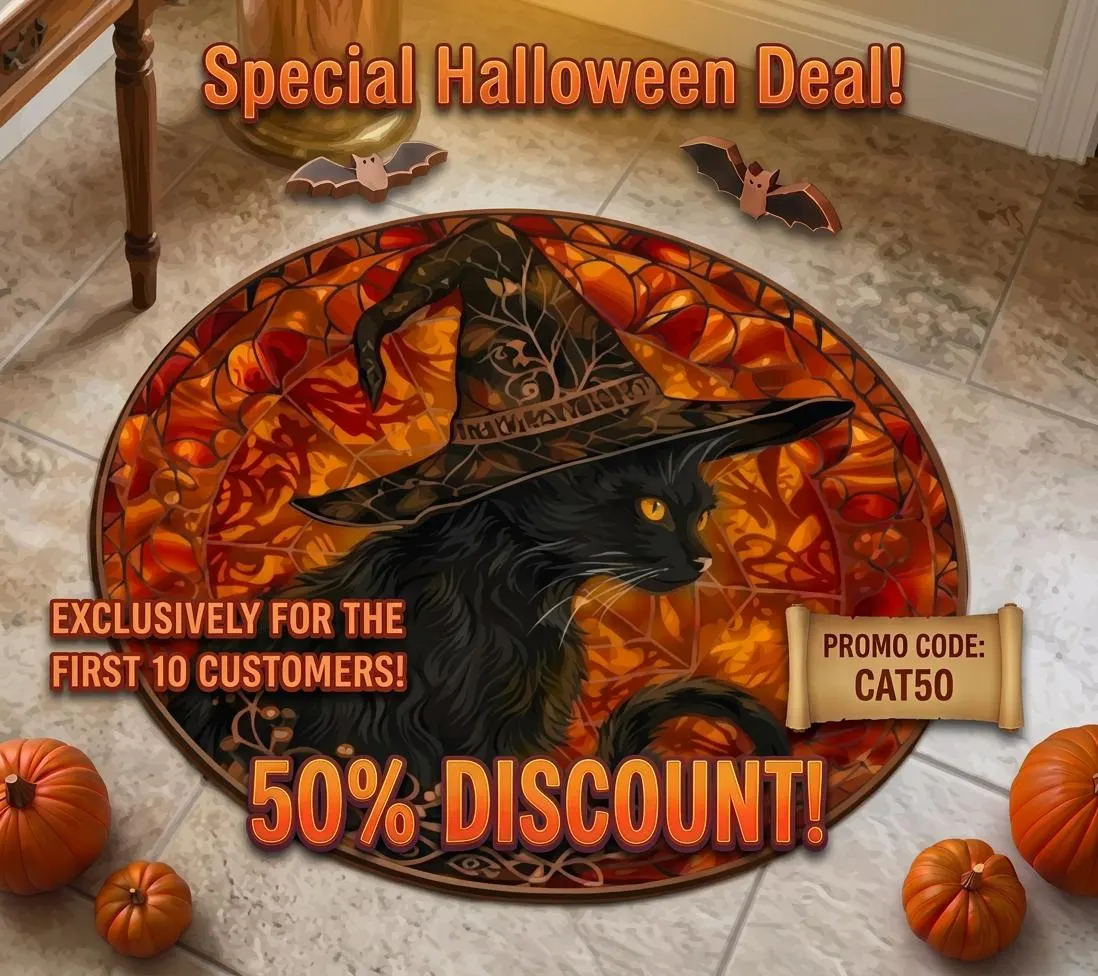 Black Cat Witch Hat Round Rug, Stained Glass Gothic Halloween Mat - image 4