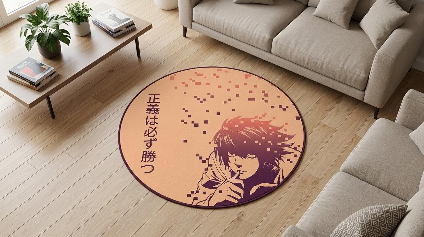 round anime rug, l death note rug, japanese manga, gaming room rug, otaku floor mat, pixel art rug, aesthetic carpet, minimalist anime, justice quote rug, manga bedroom, circle area rug, dorm room decor, gift for otaku