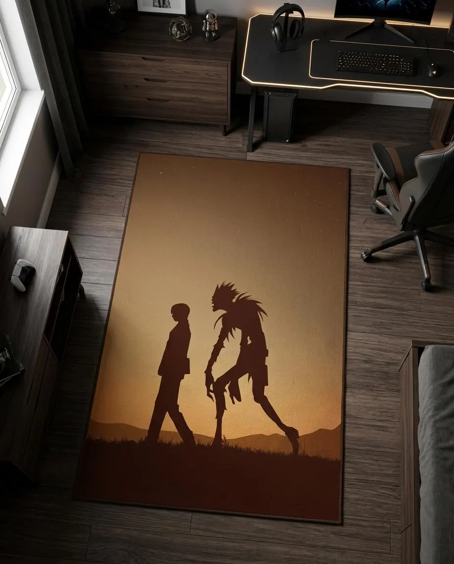 Tapis anime, tapis Death Note, Ryuk Shinigami, illustration de Light Yagami, décoration otaku, tapis de sol manga, tapis salle de jeux, esthétique anime, tapis minimaliste, décoration japonaise, idées cadeaux anime, tapis dark fantasy, silhouette de coucher de soleil