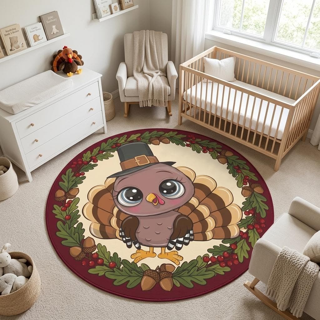 tapis rond, décoration de Thanksgiving, tapis dinde, tapis d'automne, tapis de sol automnal, tapis dinde mignon, décoration de récolte, tapis pour chambre d'enfant, tapis de fête, tapis circulaire, dinde pèlerine, tapis couronne d'automne, tapis pour chambre d'enfant