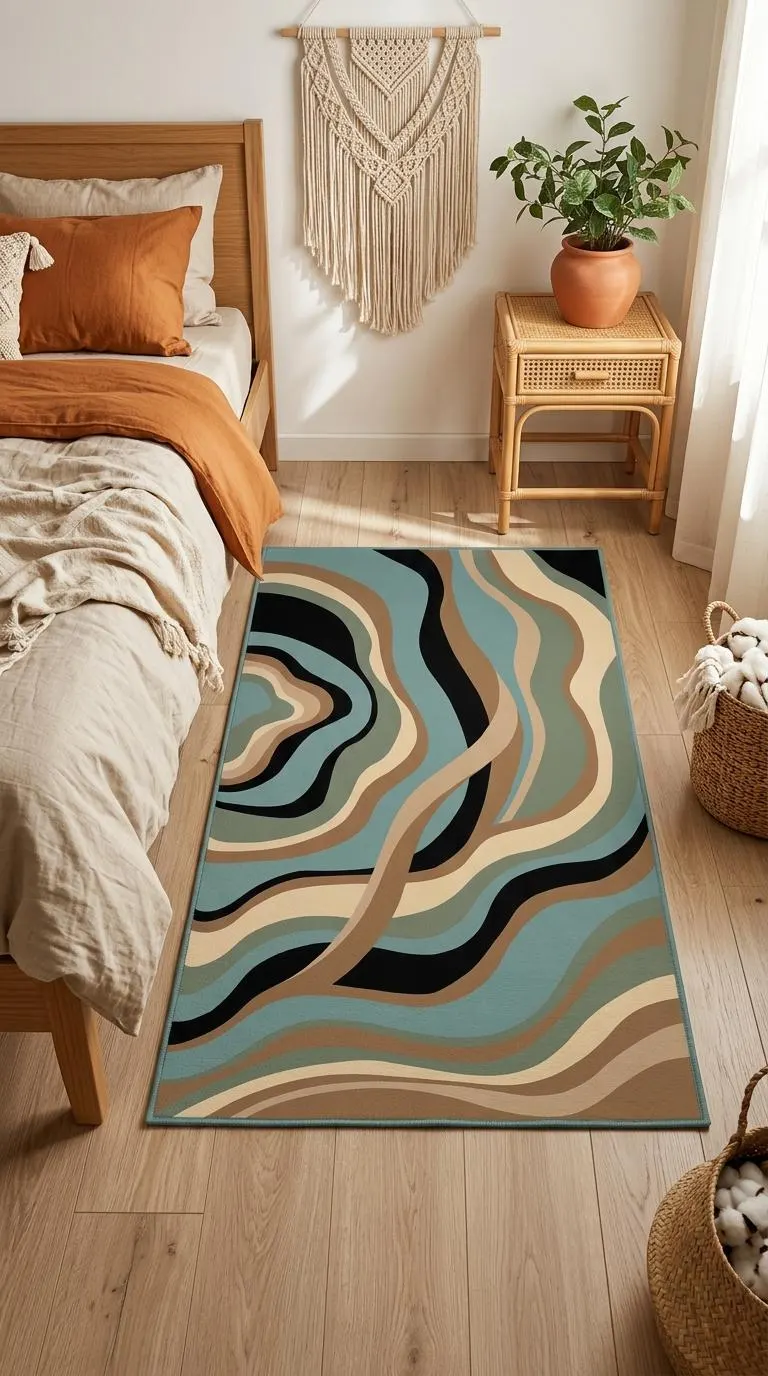Curving Organic Lines area rug with teal, beige, brown, black, sage green design, mid-century m. Curving Organic Lines area rug mit teal, beige, brown, black, sage green Design, mid-century mo. Area Rug curving organic lines au design teal, beige, brown, black, sage green, décor mid-centu. Area Rug curving organic lines con diseño teal, beige, brown, black, sage green, decoración mid. Area Rug curving organic lines con design teal, beige, brown, black, sage green, arredo mid-cen.