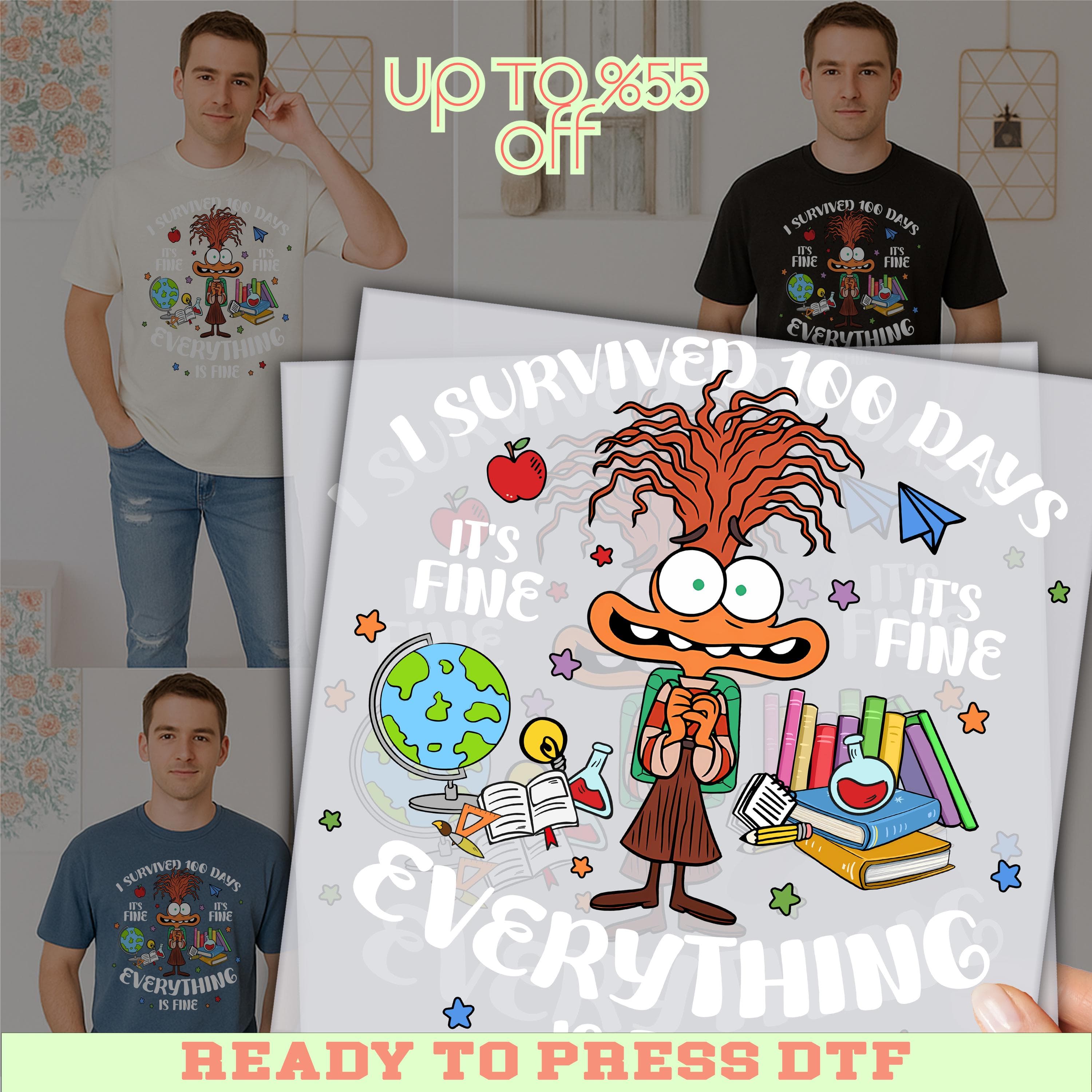 The image is a collage featuring a man wearing a white t-shirt with a cartoon character on it, along with various educational and school-related items such as books, a globe, and a backpack.