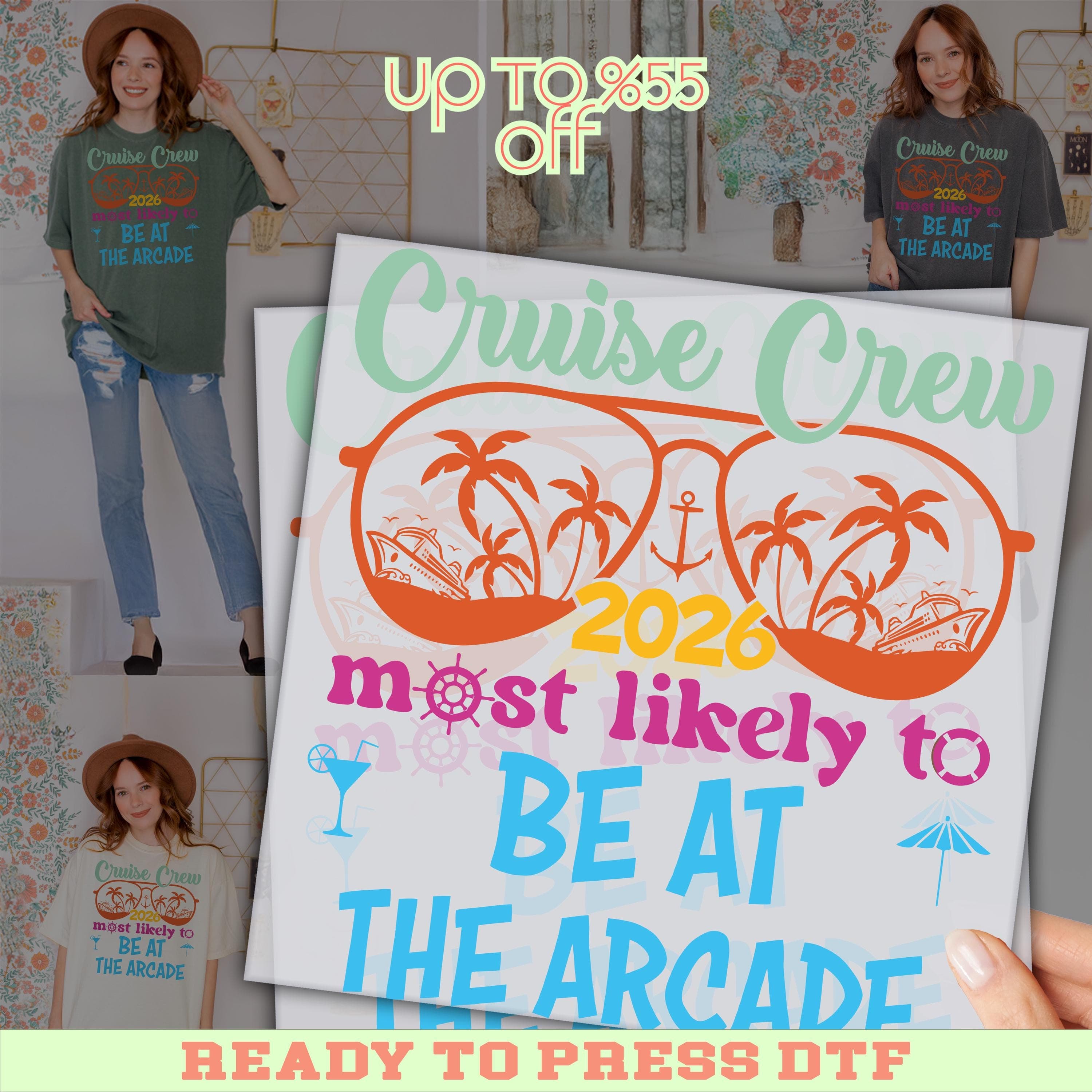 The image is a promotional poster for a cruise crew t-shirt, featuring a woman in a green shirt and sunglasses, along with text promoting a cruise crew t-shirt and a cruise crew t-shirt with a cruise crew theme.