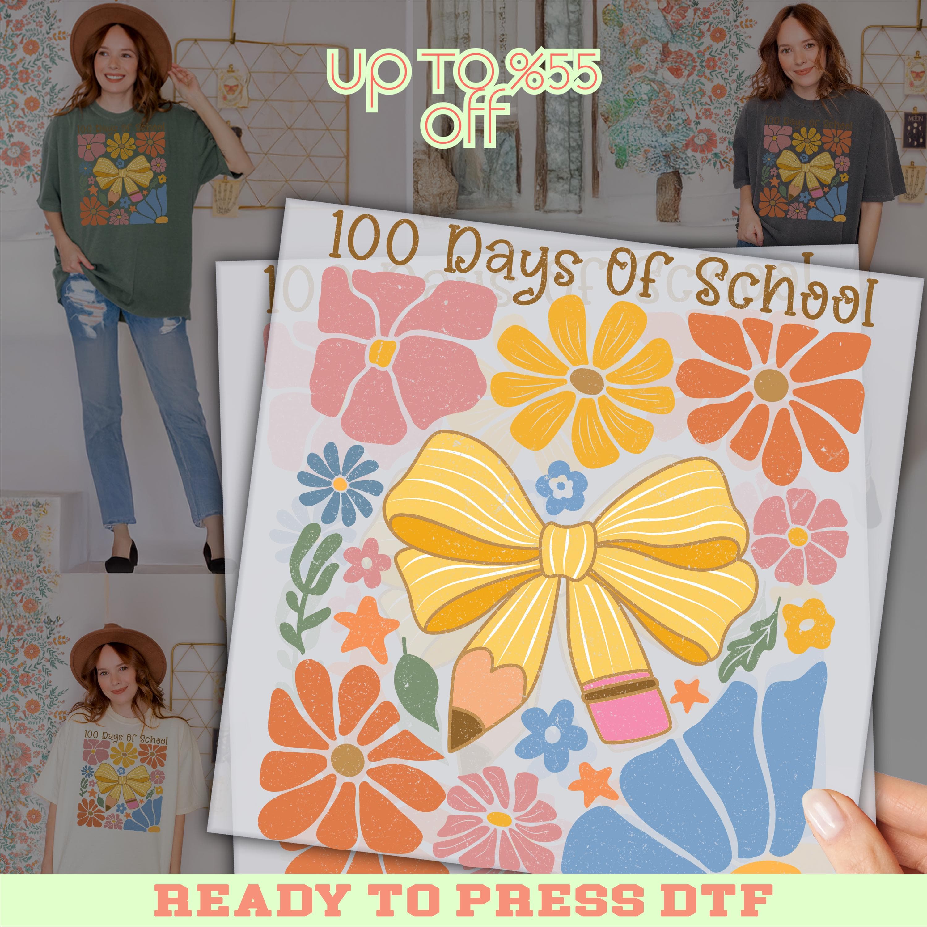 Floral 100 Days of School DTF Transfer: 100 Days Ready To Press