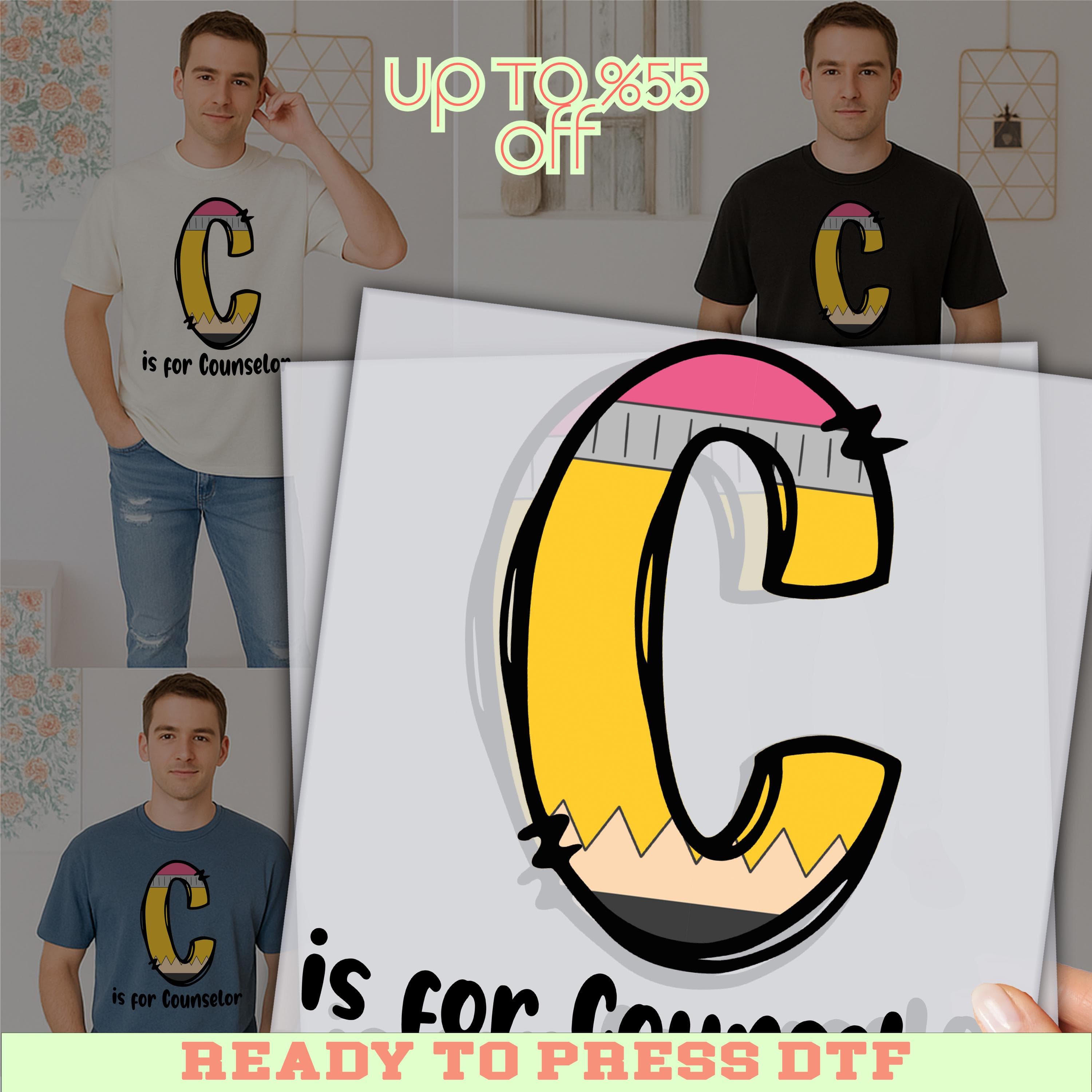 The image is a promotional advertisement featuring a man wearing a white t-shirt with a large letter "C" printed on it, along with the text "is for Counselor". The advertisement also includes a collage of images of the same man in various poses, and a large image of the letter "C" with additional text. The text "UP TO 8.55 OFF" is displayed above the image, and "READY TO PRESS DTF" is at the bottom of the image.