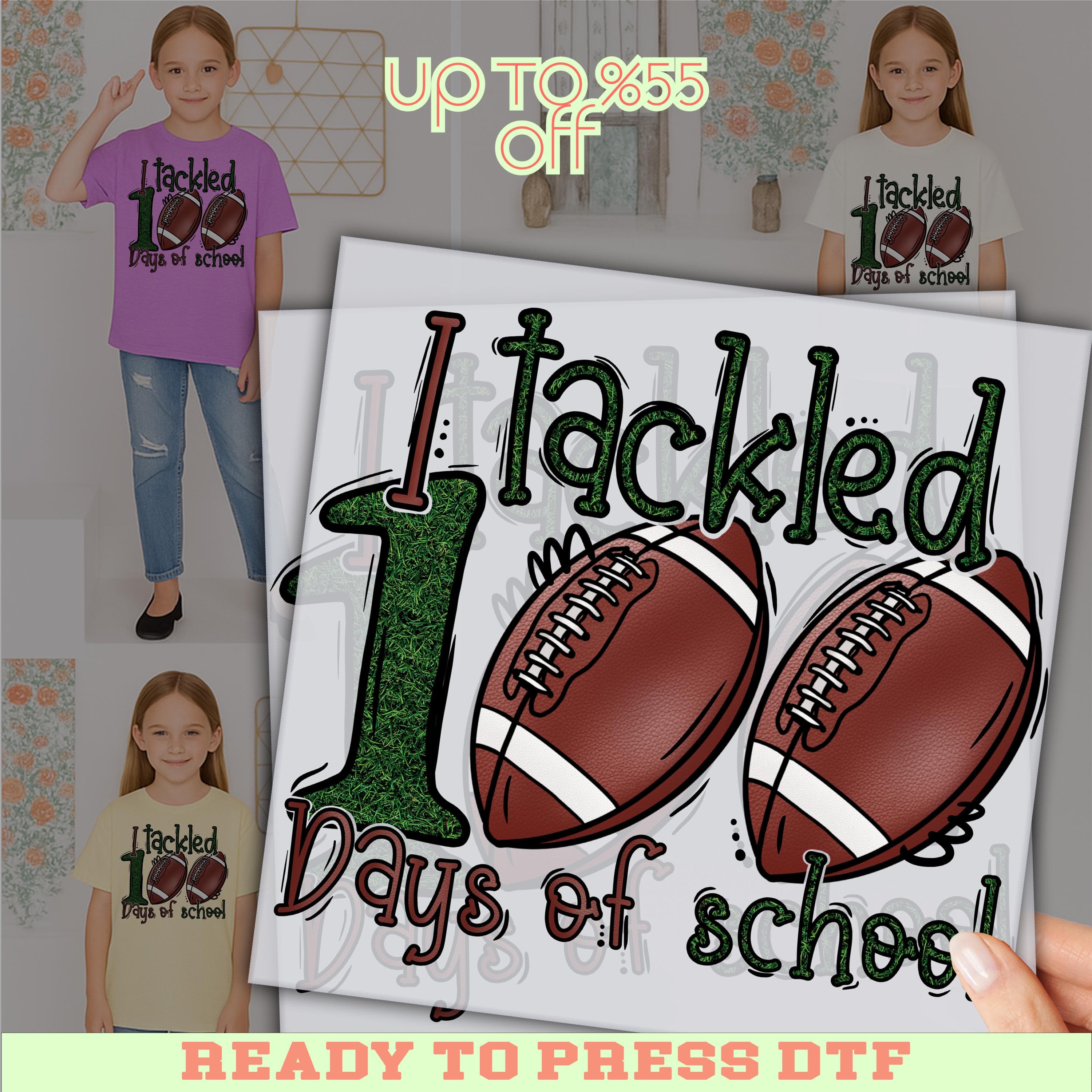 The image is a promotional advertisement featuring a young girl in a purple shirt with the text "I TACKLED 100 DAYS OF SCHOOL" and a collage of images of young girls in similar shirts.