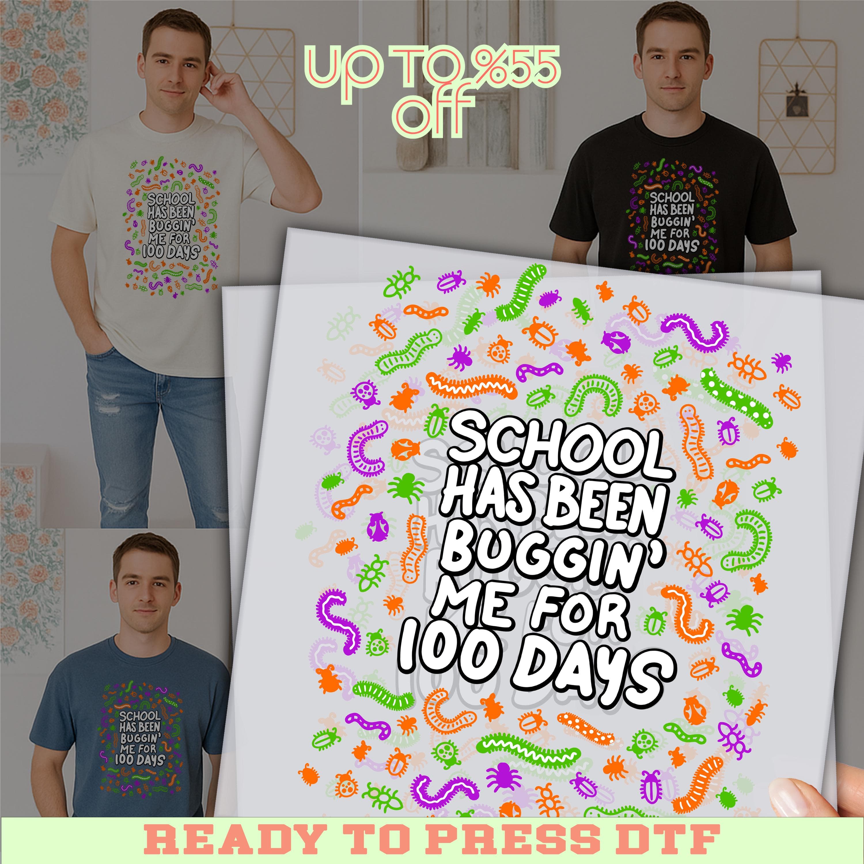 The image is a collage featuring a man wearing a white t-shirt with a colorful design, and a large graphic with text that reads "School has been buggin' me for 100 days".