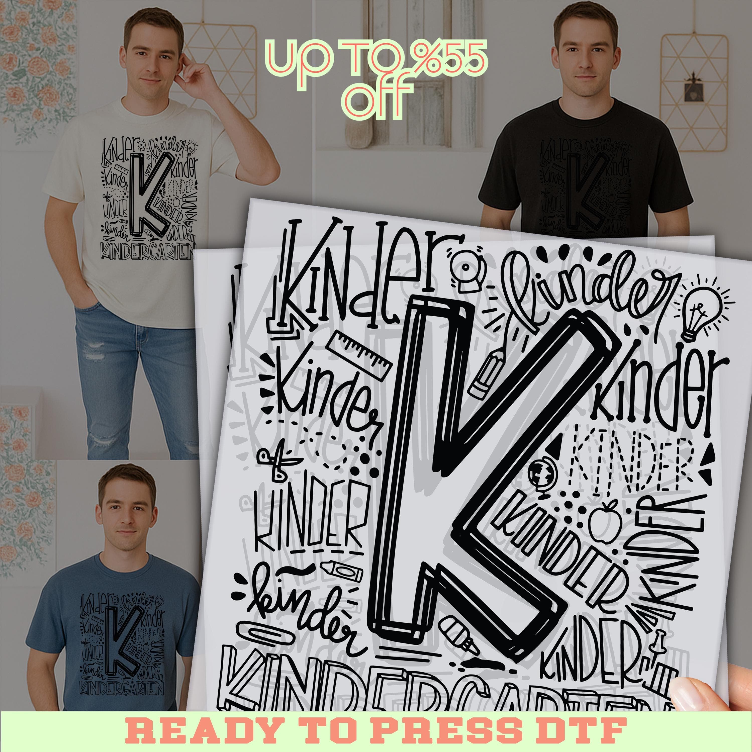 The image is a promotional advertisement featuring a man wearing a white t-shirt with a large black letter "K" printed on it. The text "UP TO 8.55 OFF" is displayed above the man, indicating a sale or discount. The image also includes a collage of three smaller images, one of which shows the man wearing the t-shirt. The text "READY TO PRESS DTF" is displayed at the bottom of the image, suggesting that the man is ready to press a button to make a purchase.