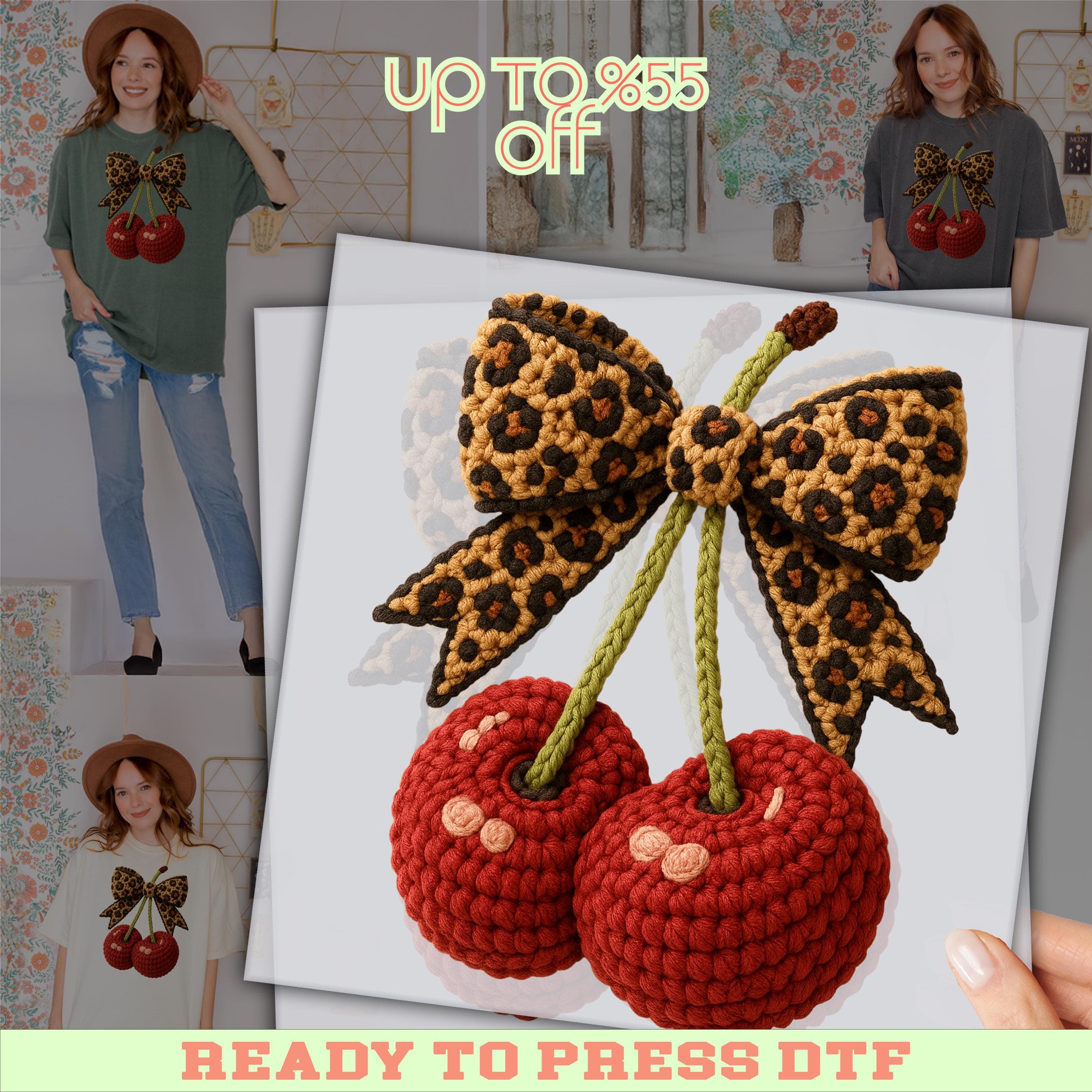 Leoprady Bow Cherry Faux Yarn DTF Print: Valentines Day Heat Press