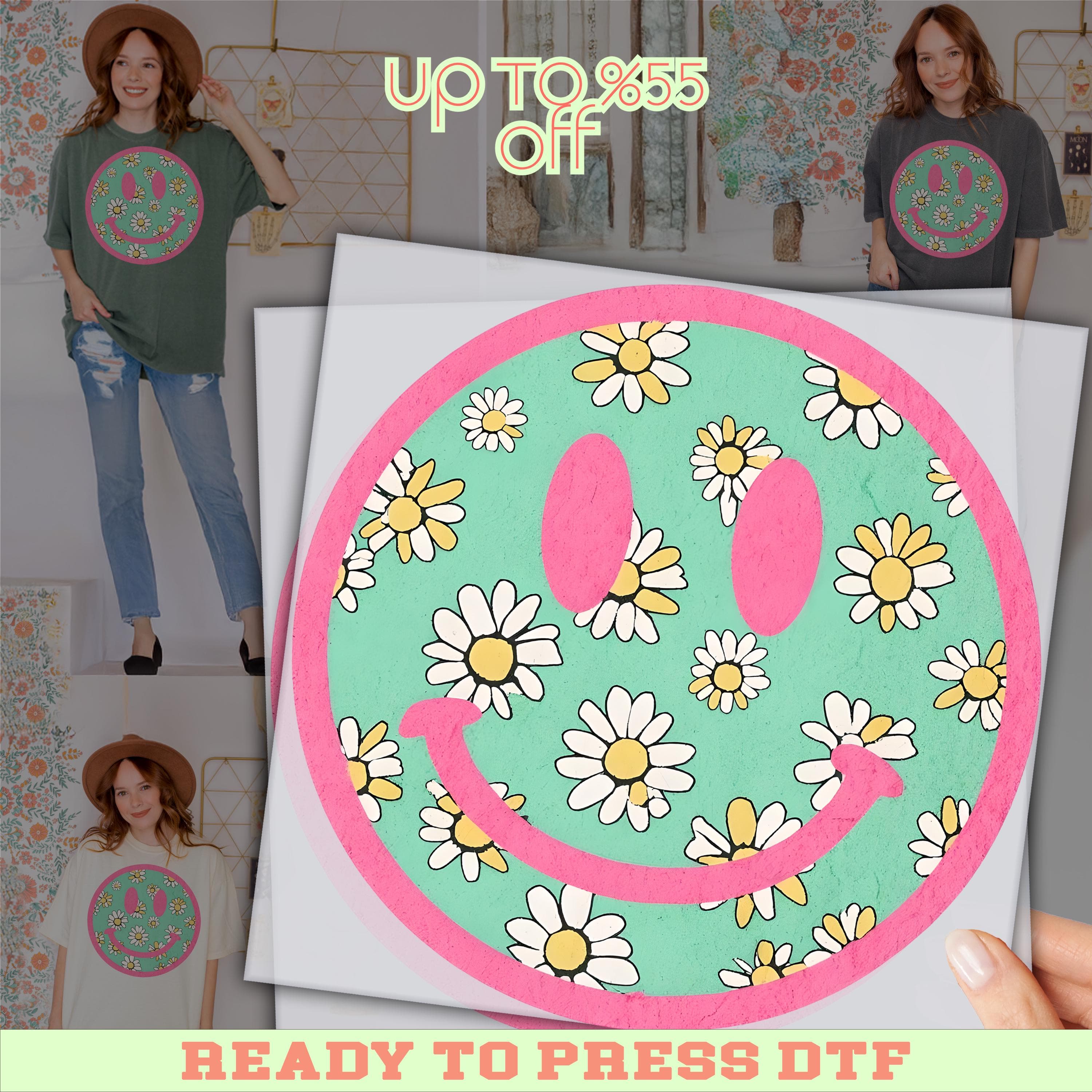 Summer Flower Smile Dtf Transfer, Retro Vacation Ready For Press, Custom Dtf Transfers, Full Color Heat Transfer, DTF Prints