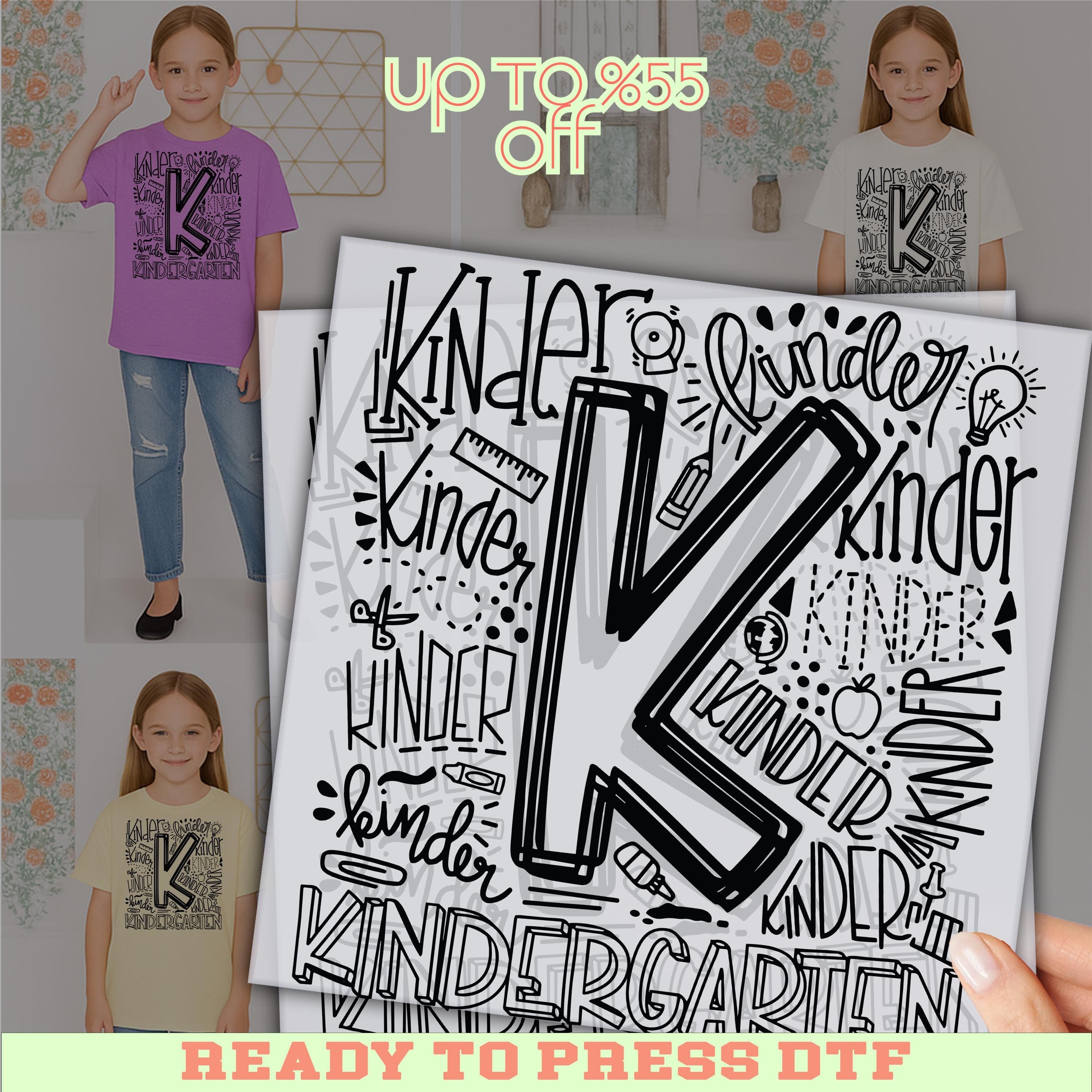 Kindergarten DTF Transfer, Back To School Teacher Shirt Print, Kinder Hand Lettered Design, Ready To Press Heat Transfer, Monochrome Graphic