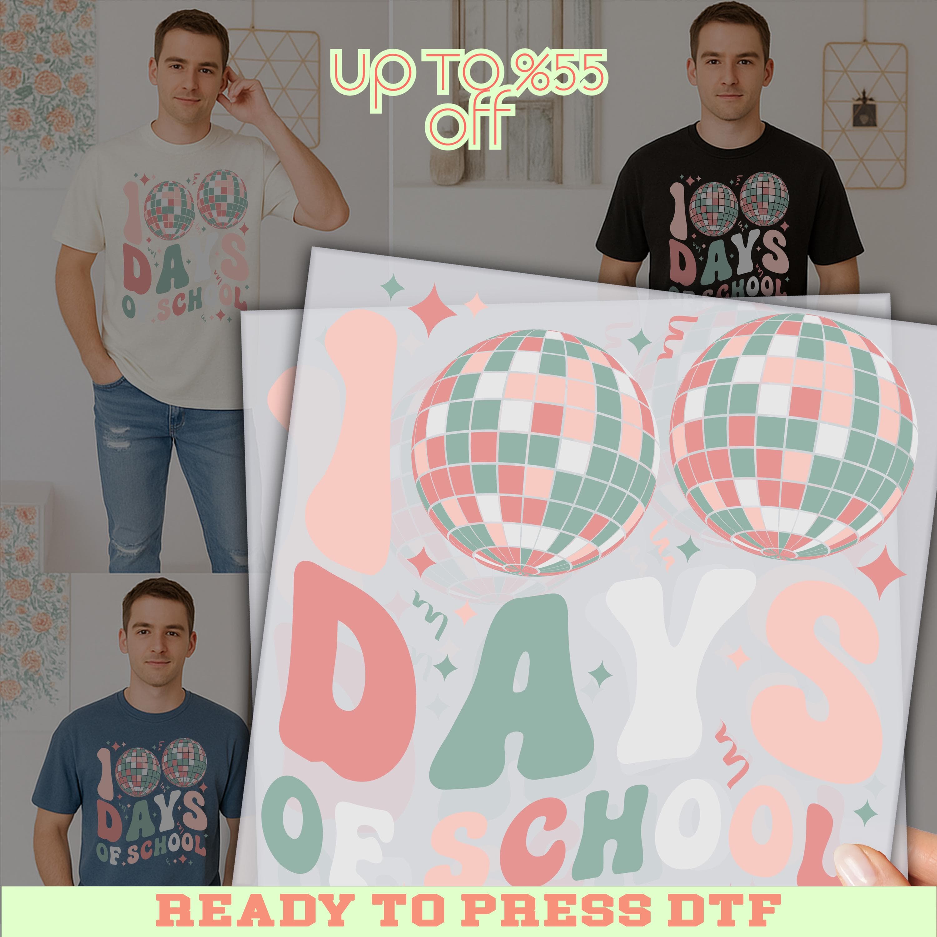 The image is a promotional advertisement featuring a man wearing a t-shirt with the text "100 DAYS OF SCHOOL" and a collage of images related to the "100 DAYS OF SCHOOL" theme.