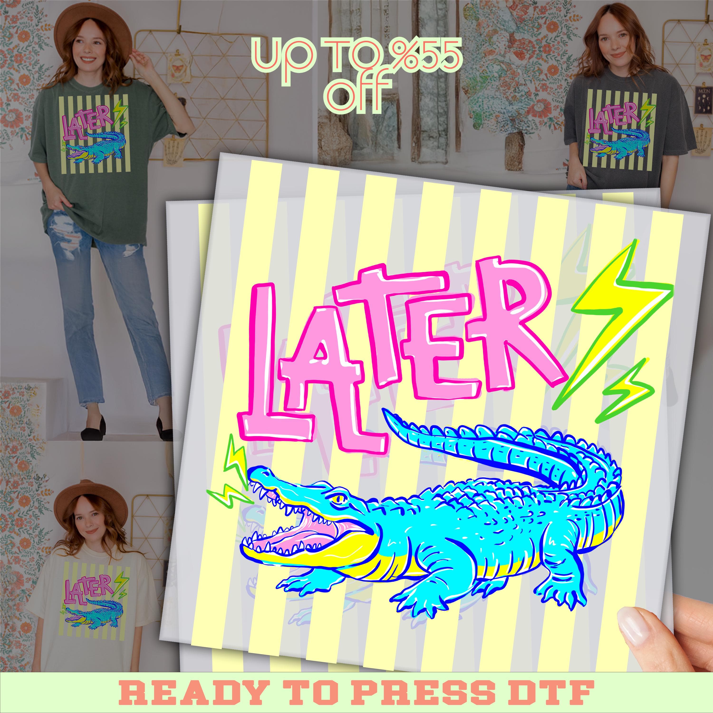 Later Crocodile Dtf , Retro Striped Summer Design, Full Color Heat Transfer, Ready for Press