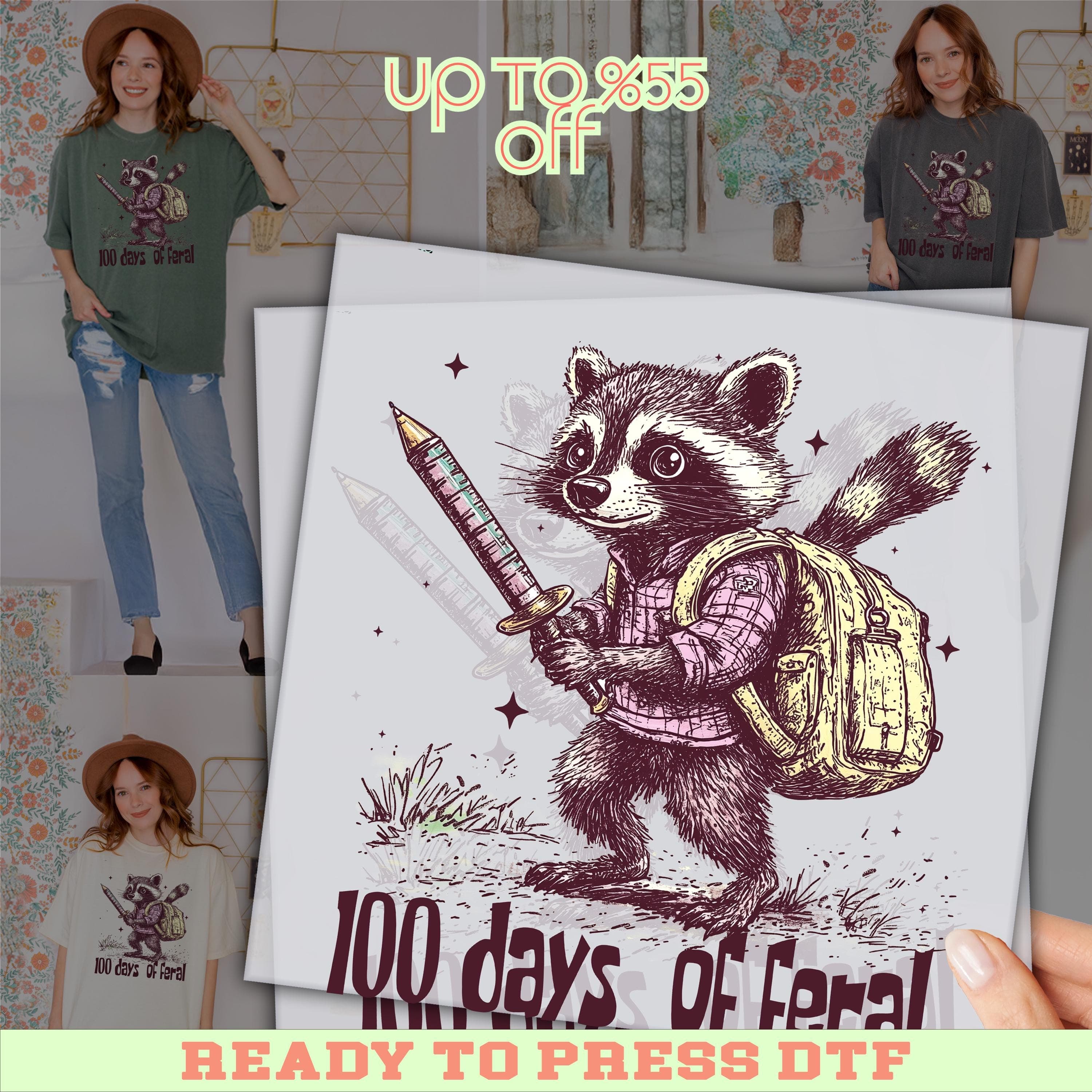 The image is a promotional poster featuring a raccoon character holding a sword and a backpack, with the text "UP TO 8.55 OFF" and "100 days of ferals" displayed.