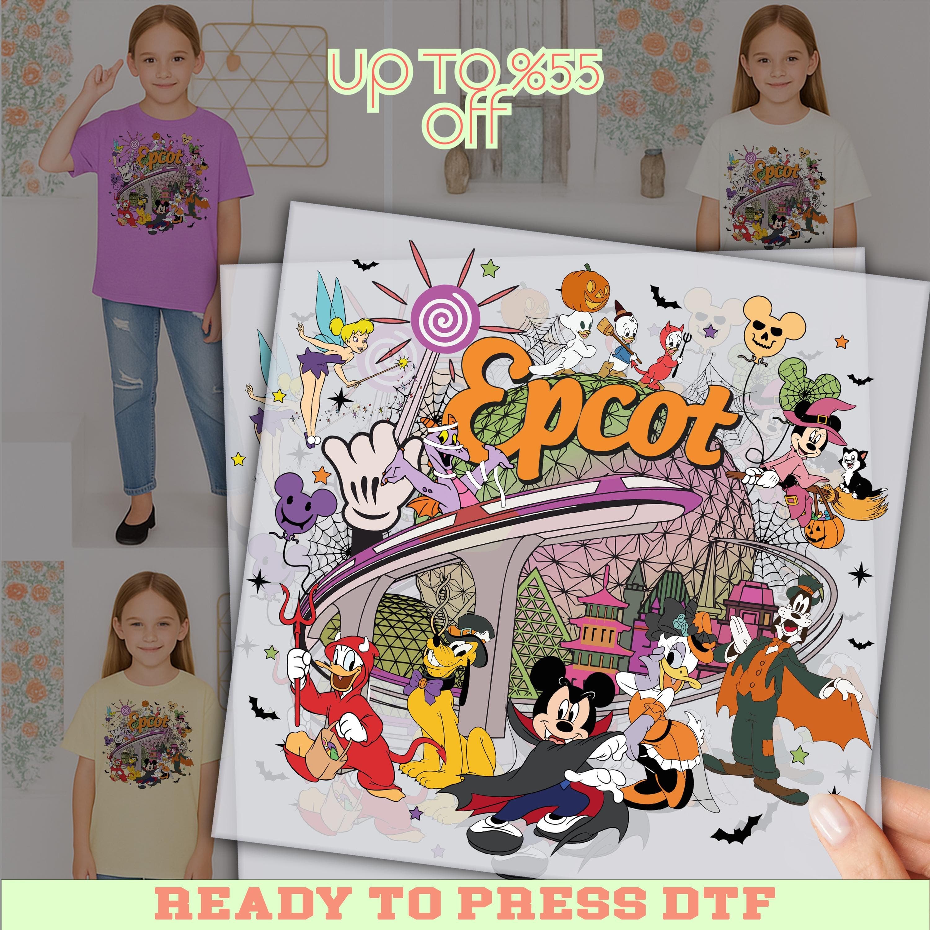 The image is a collage featuring various Disney characters and elements, including Mickey Mouse, Minnie Mouse, Donald Duck, Goofy, and other iconic figures. The collage is accompanied by text that includes an offer for a UP TO 8.55% discount on Disney merchandise, as well as the text "EPCOT" and "READY TO PRESS DTF".