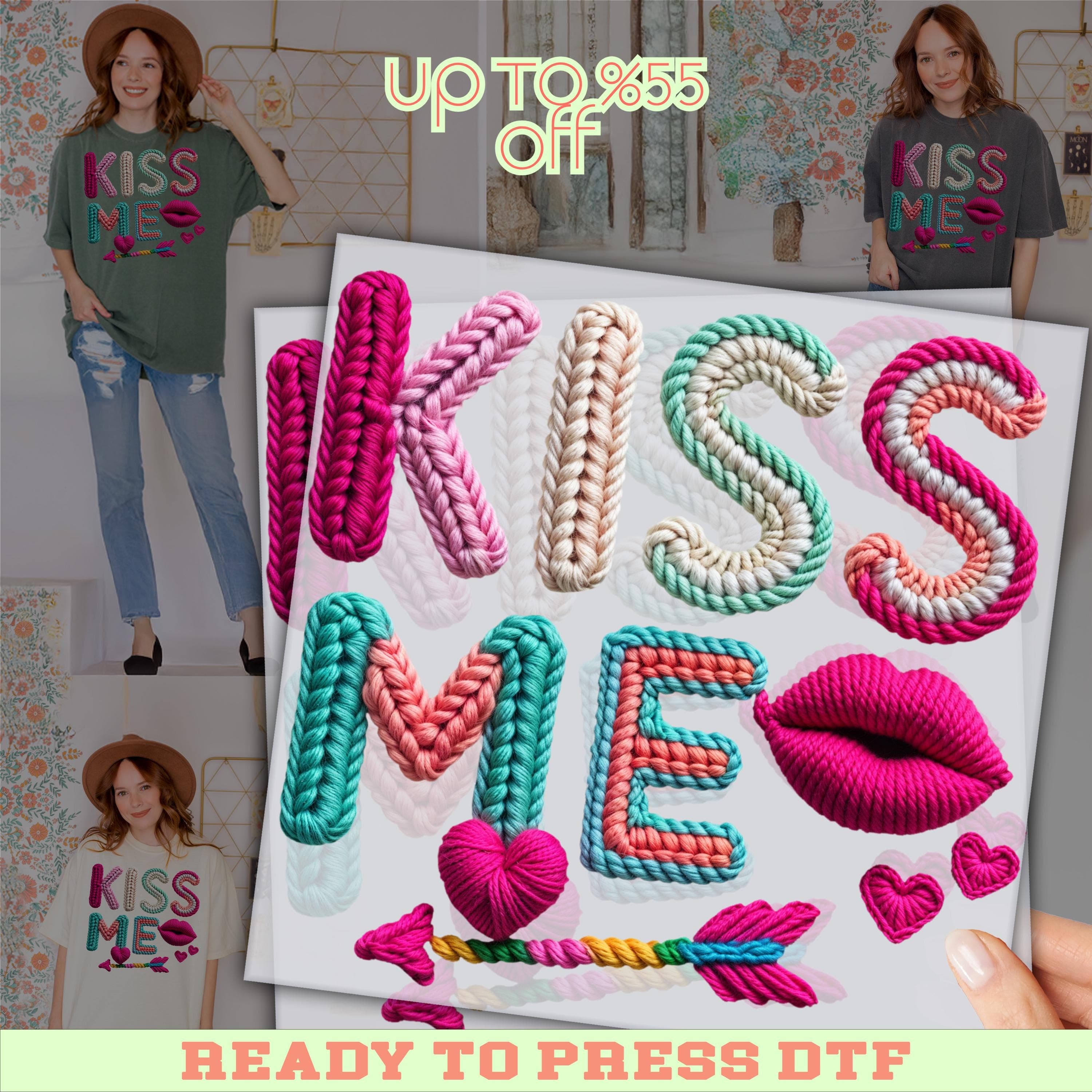 Kiss Me Faux Yarn DTF: PrintValentines Day Heat Press