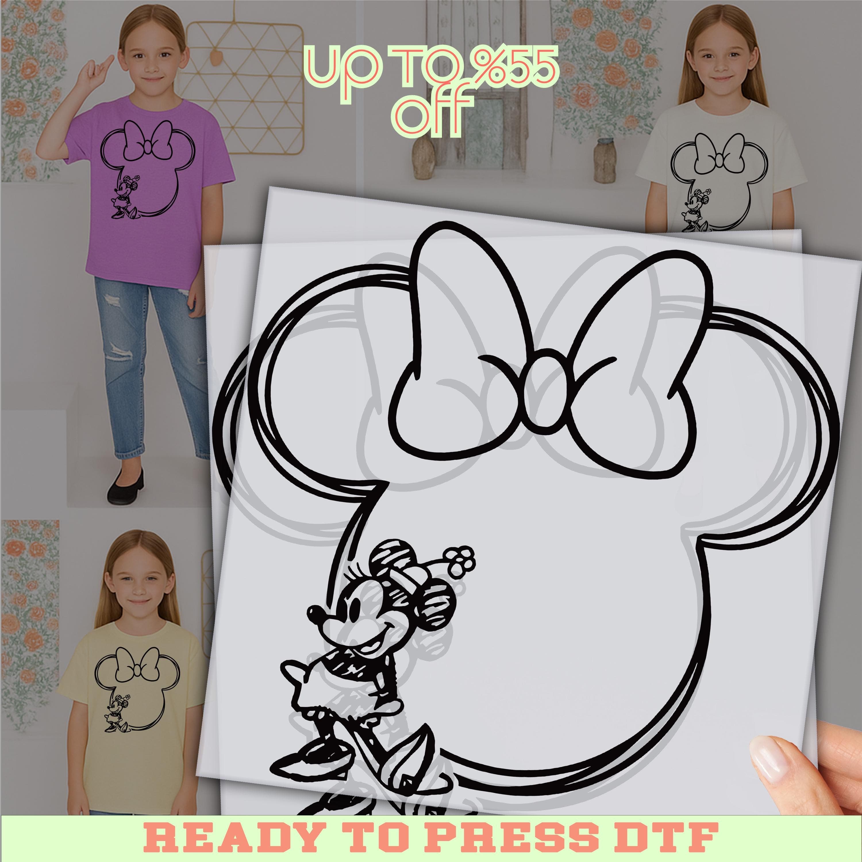 The image is a promotional advertisement featuring a young girl wearing a Minnie Mouse t-shirt, with a price reduction offer. The advertisement includes a hand holding a Minnie Mouse drawing and a price tag.