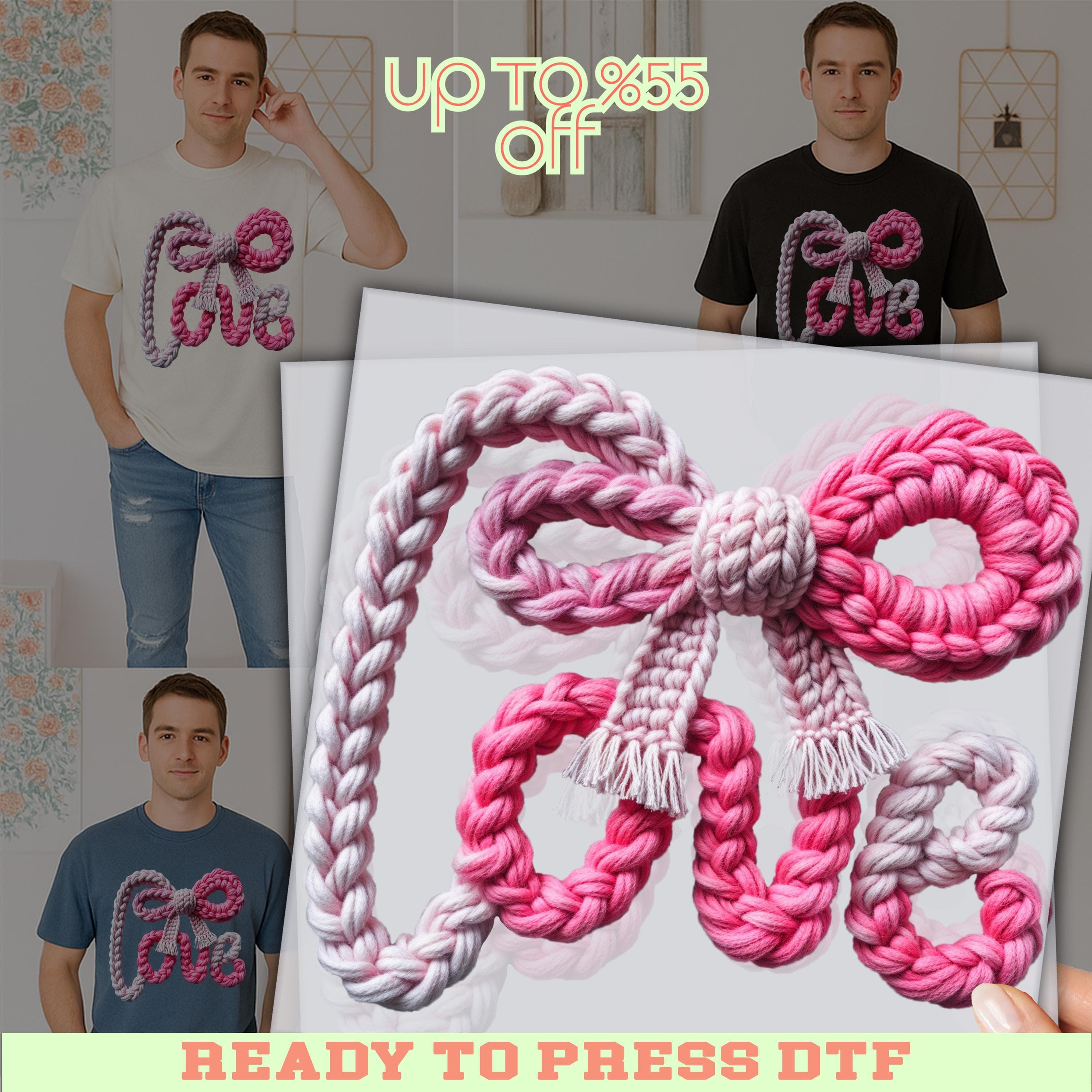 The image is a collage featuring a man wearing a t-shirt with a crocheted bow design. The bow is made up of pink and white yarn and is arranged in the shape of the word "LOVE". The collage includes multiple images of the man wearing the t-shirt, as well as a close-up of the crocheted bow design. The background of the collage is a white wall with a geometric pattern.