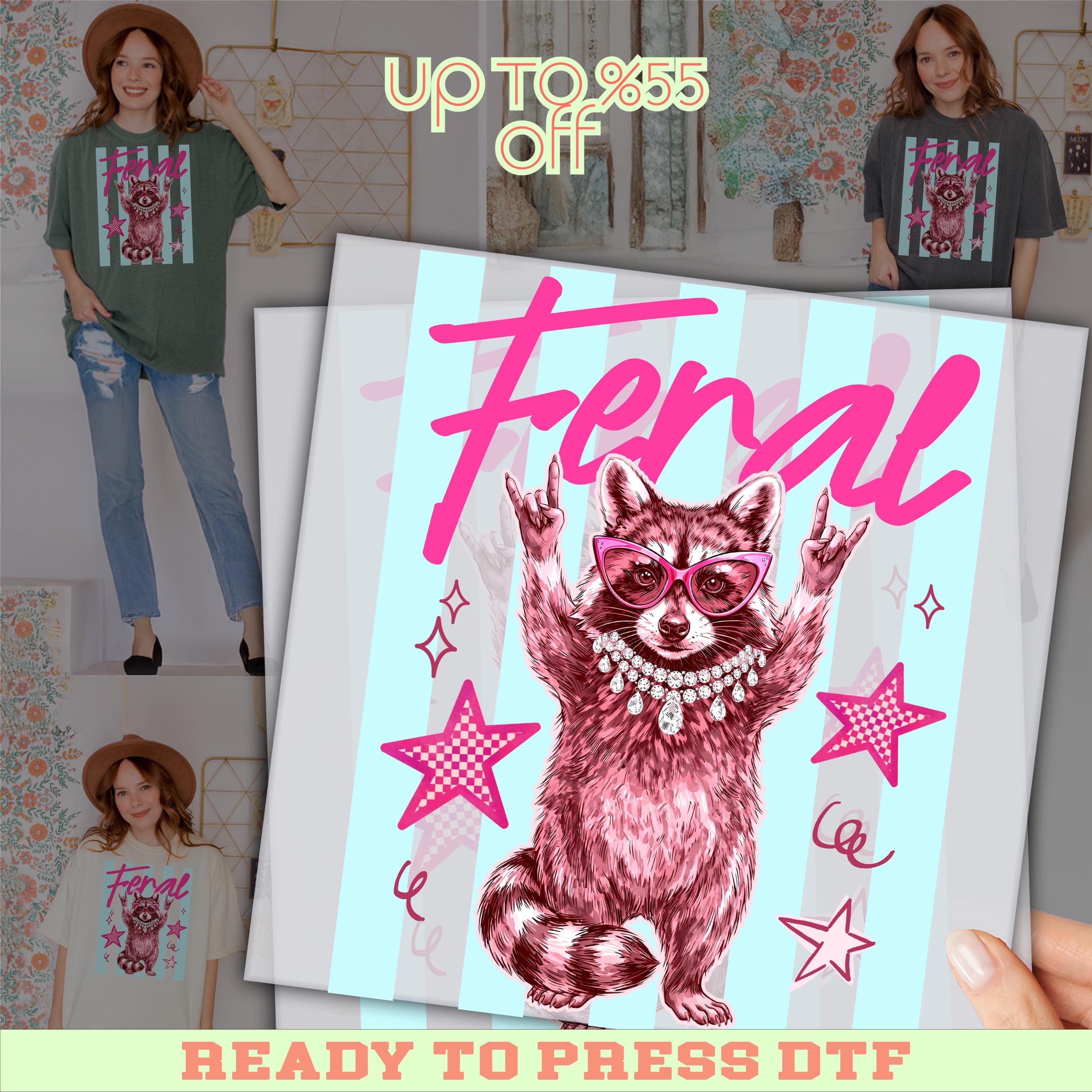 Feral Raccoon Donkey Dtf , Retro Striped Summer Design, Full Color Heat Transfer, Ready for Press