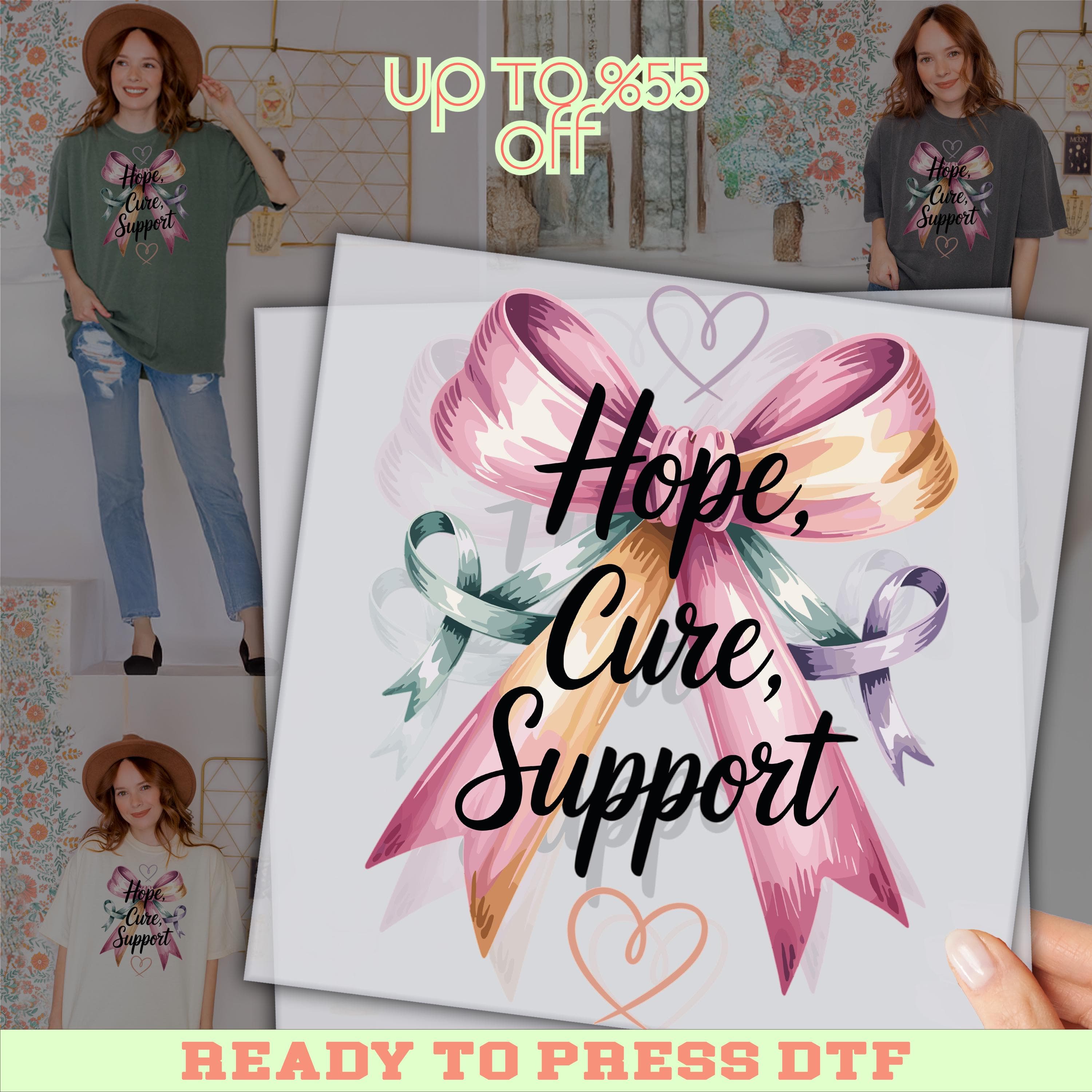 Hope Cure Support DTF Transfer: Breast Cancer Awareness Ribbon Bow Shirt Design